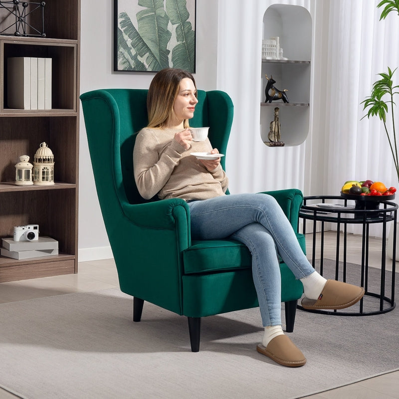 Modern Accent Chair, High Back Wingback Armchair with Pillow, Dark Green Velvet-Feel Fabric