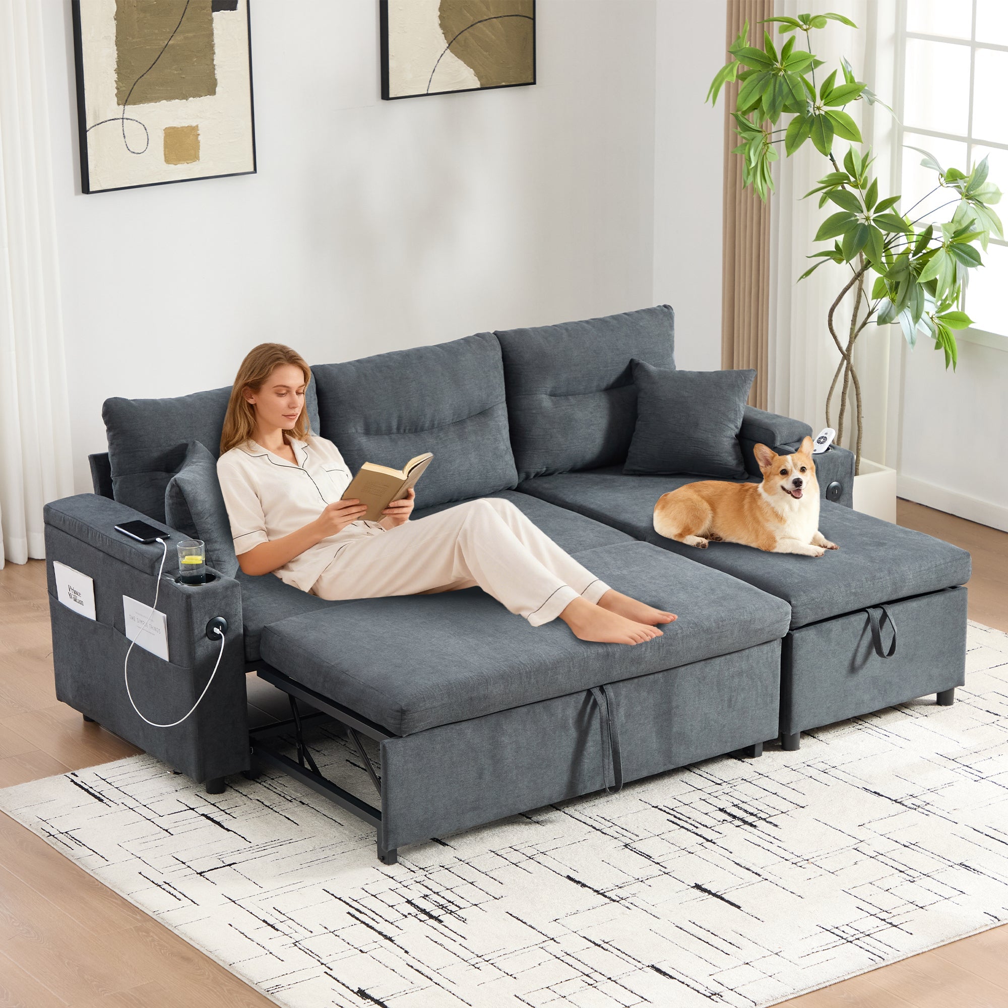 3-Seater Sofa Bed with Storage, Cup Holders and USB-C, Linen Fabric