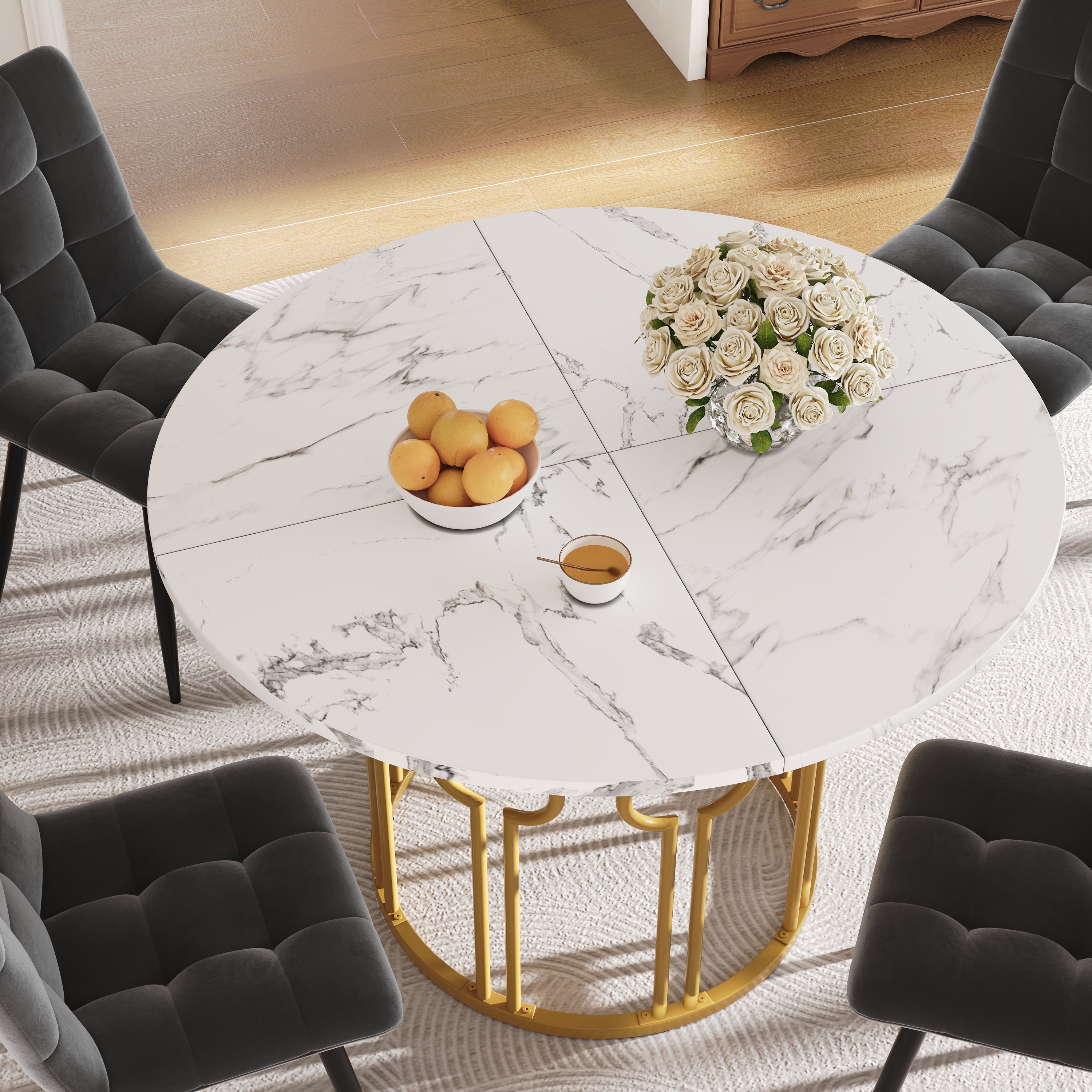Dining Set 5-Piece Round Table 100cm, 4 Chairs, Gold Metal Legs, White MDF Top | Dark Grey Velvet