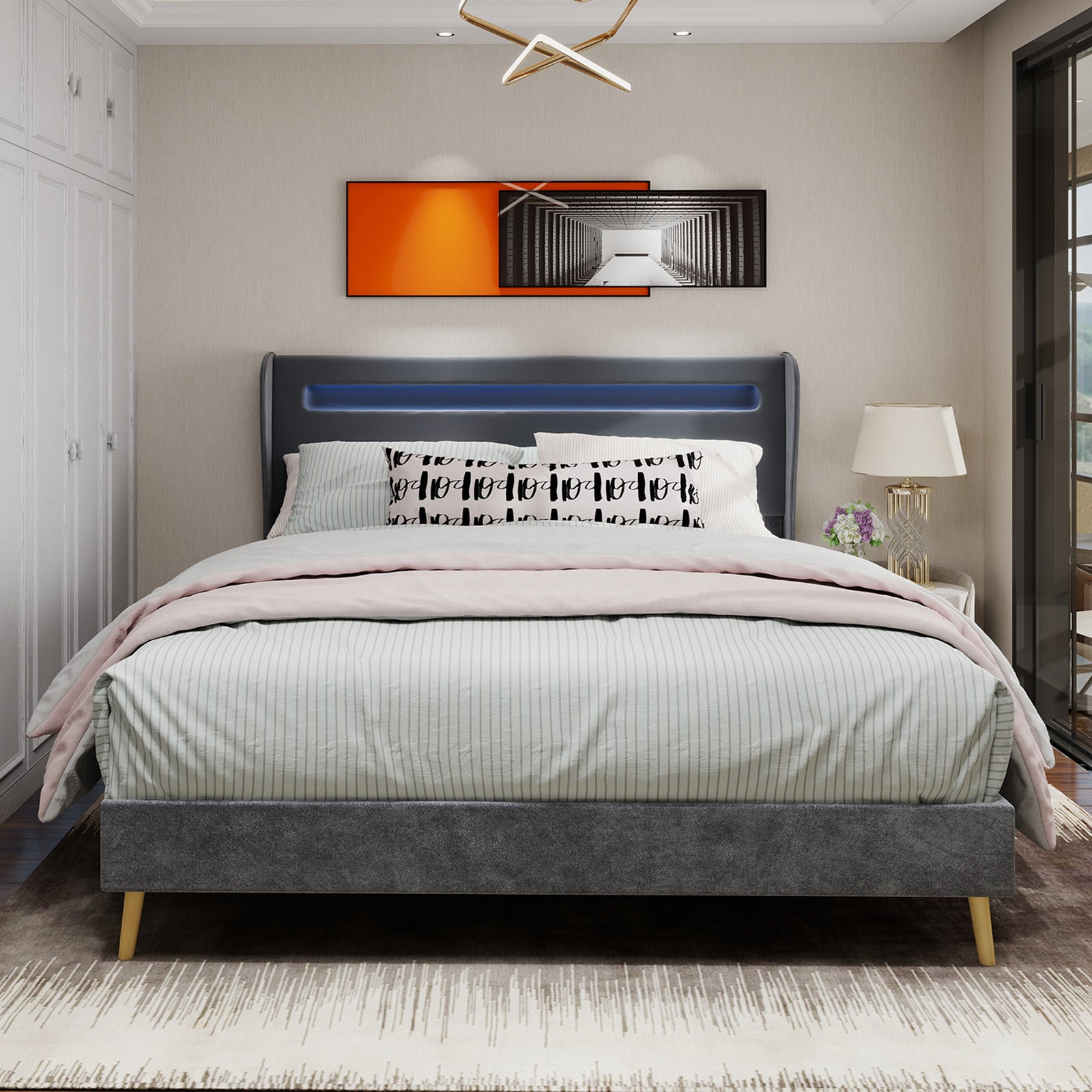 Modern Minimalist Upholstered Bed, Soft LED-Integrated Headboard, Low-Profile Non-Storage, 140x200 cm Grey