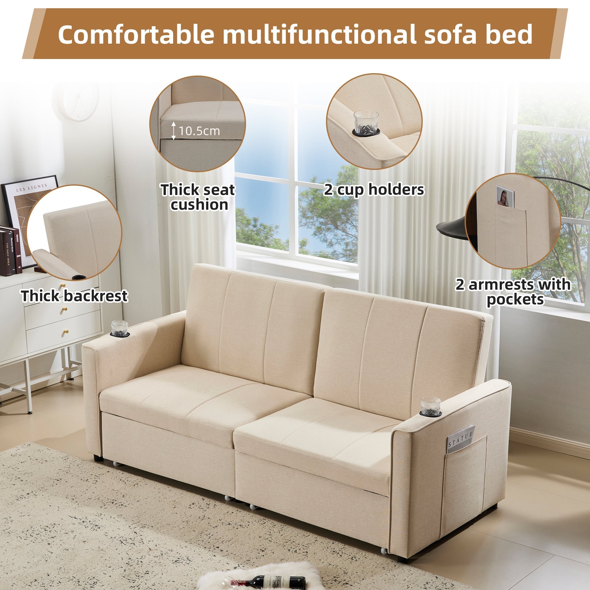 Pull Out Sofa Bed - 207cm King Size Independent, Convertible Fabric, with Cup Holders & Side Pockets