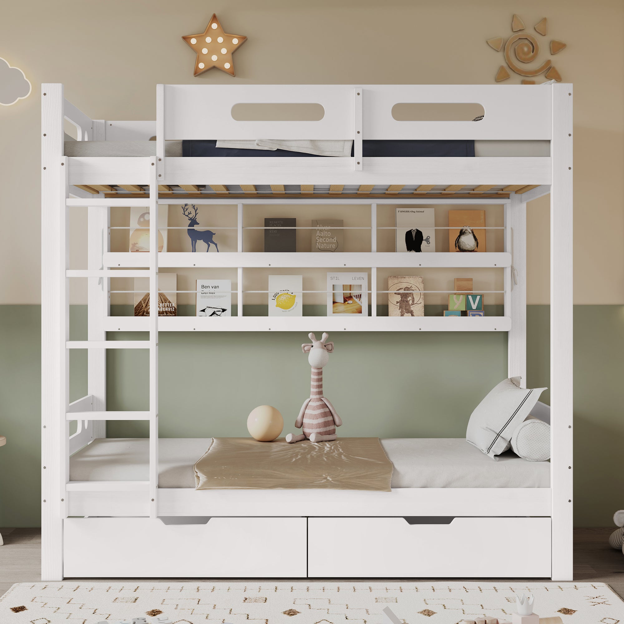 Bunk Bed Kids Storage Drawers Safety Rail Pine/MDF White 90x200cm