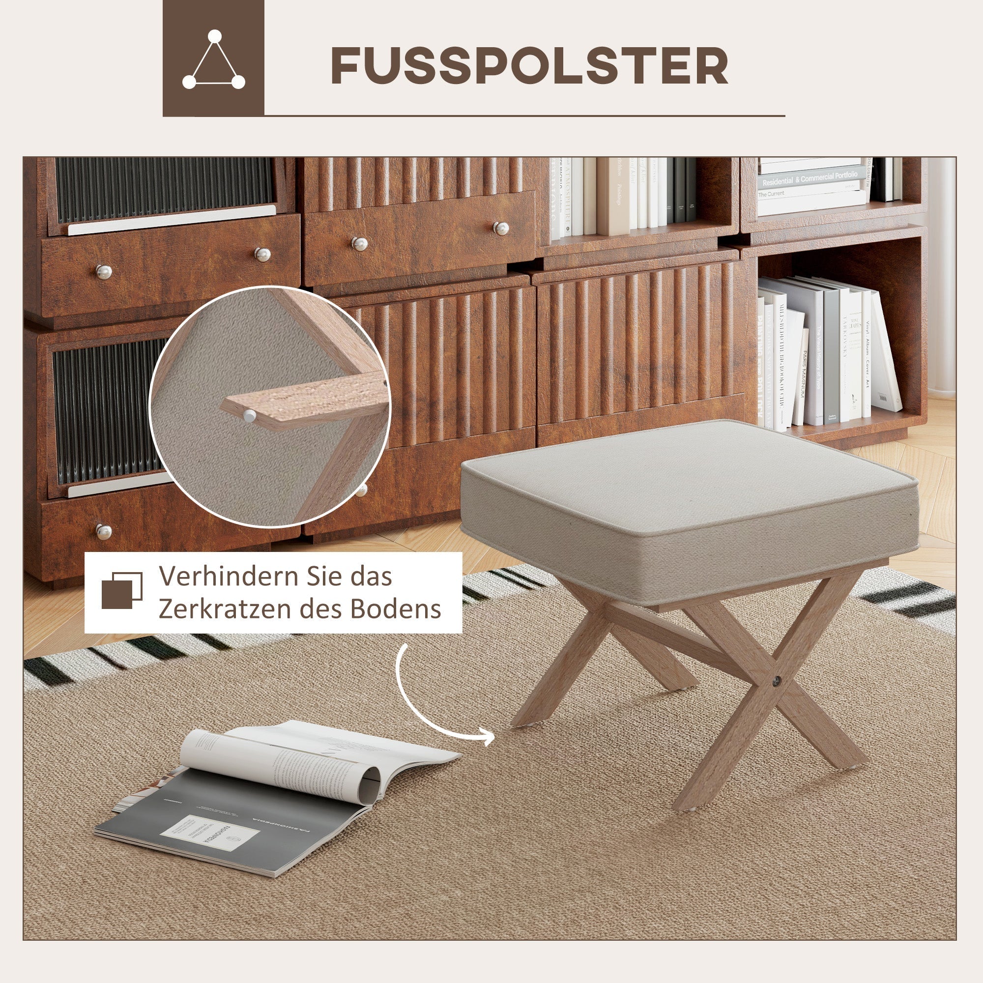 Ottoman Upholstered Bench Footstool with Padded Seat Wooden Footrest, Cream White