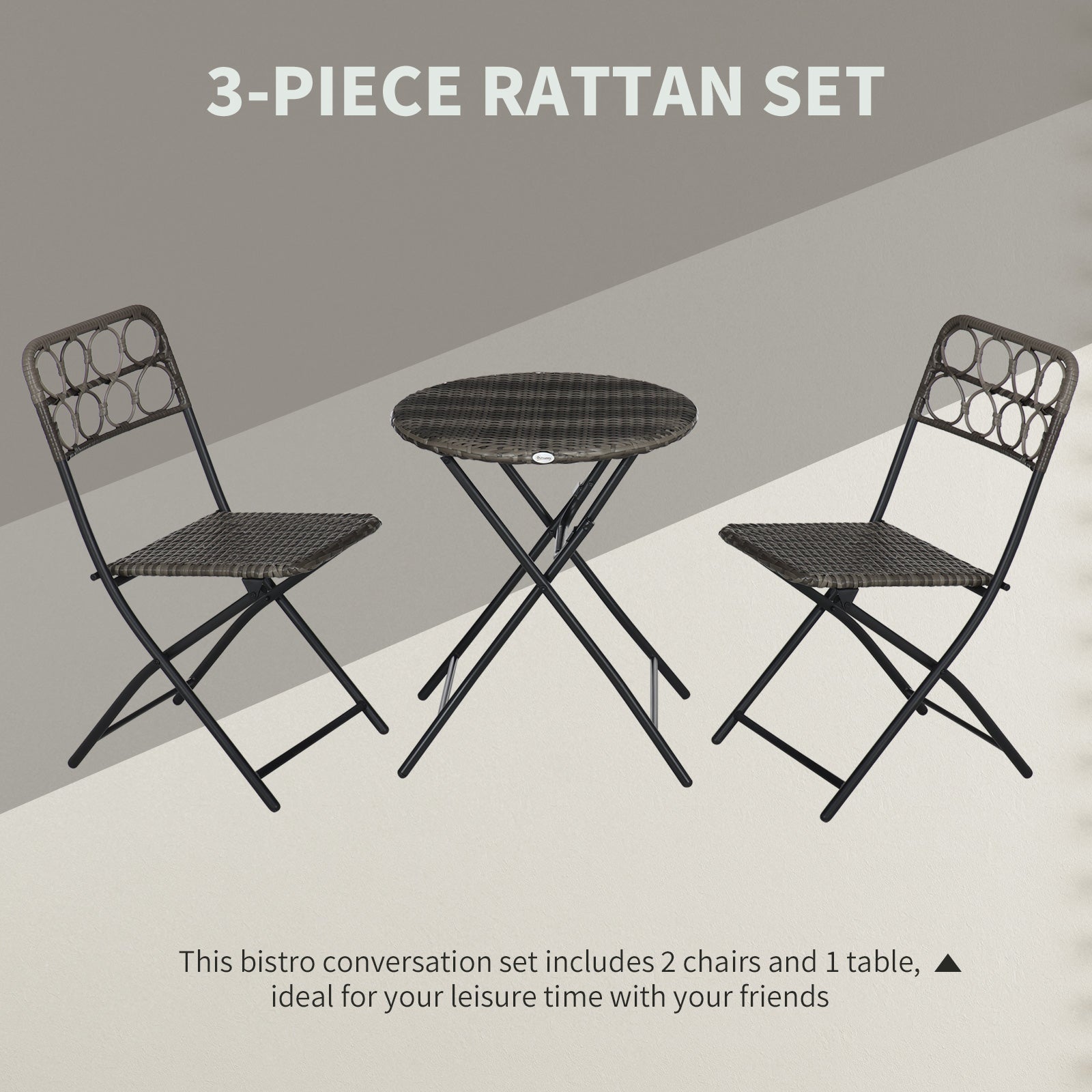 3 Piece Bistro Set, Wicker Folding Garden Furniture, Grey