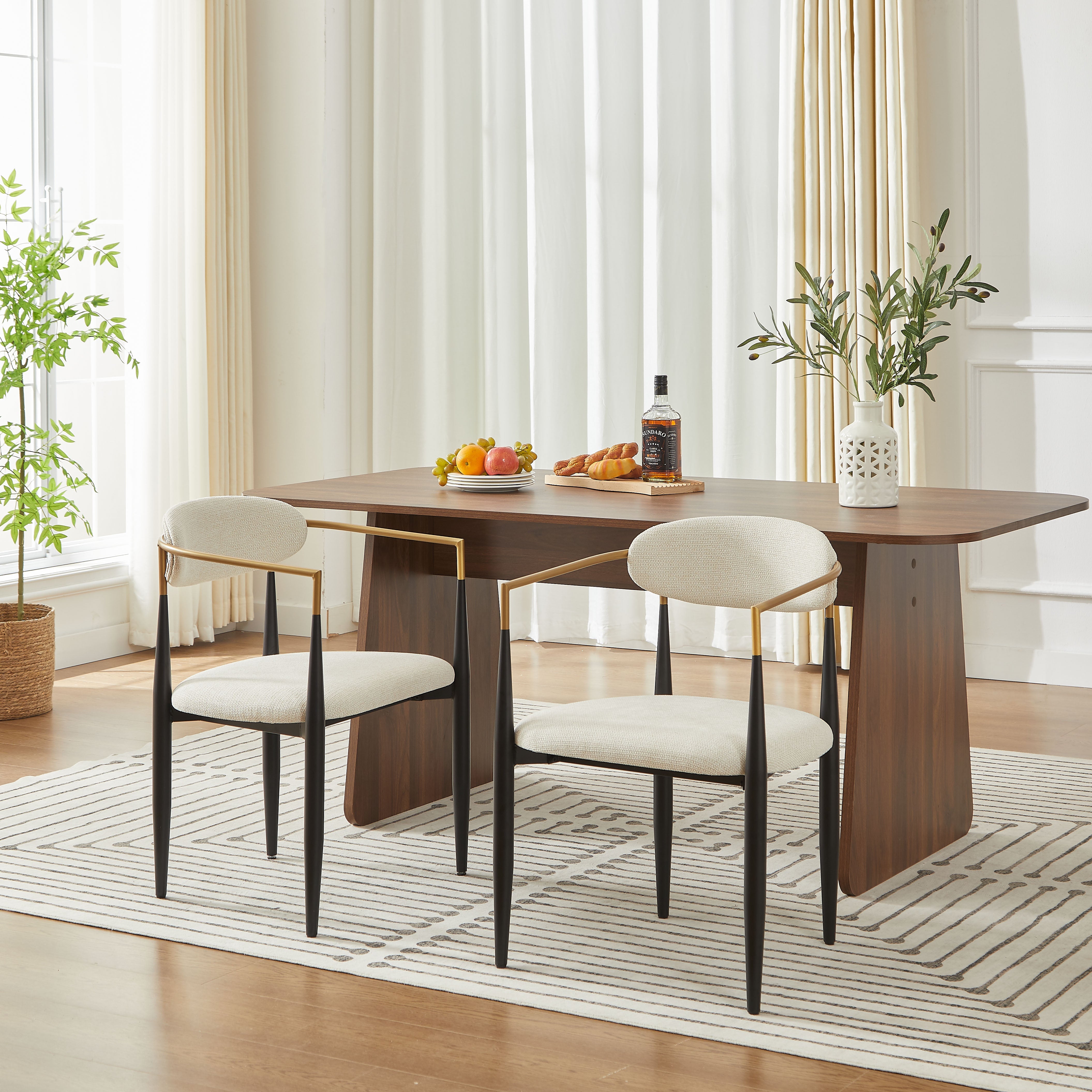 2-Piece Chair Set Metal Frame Black Gold Accent Beige Cushion