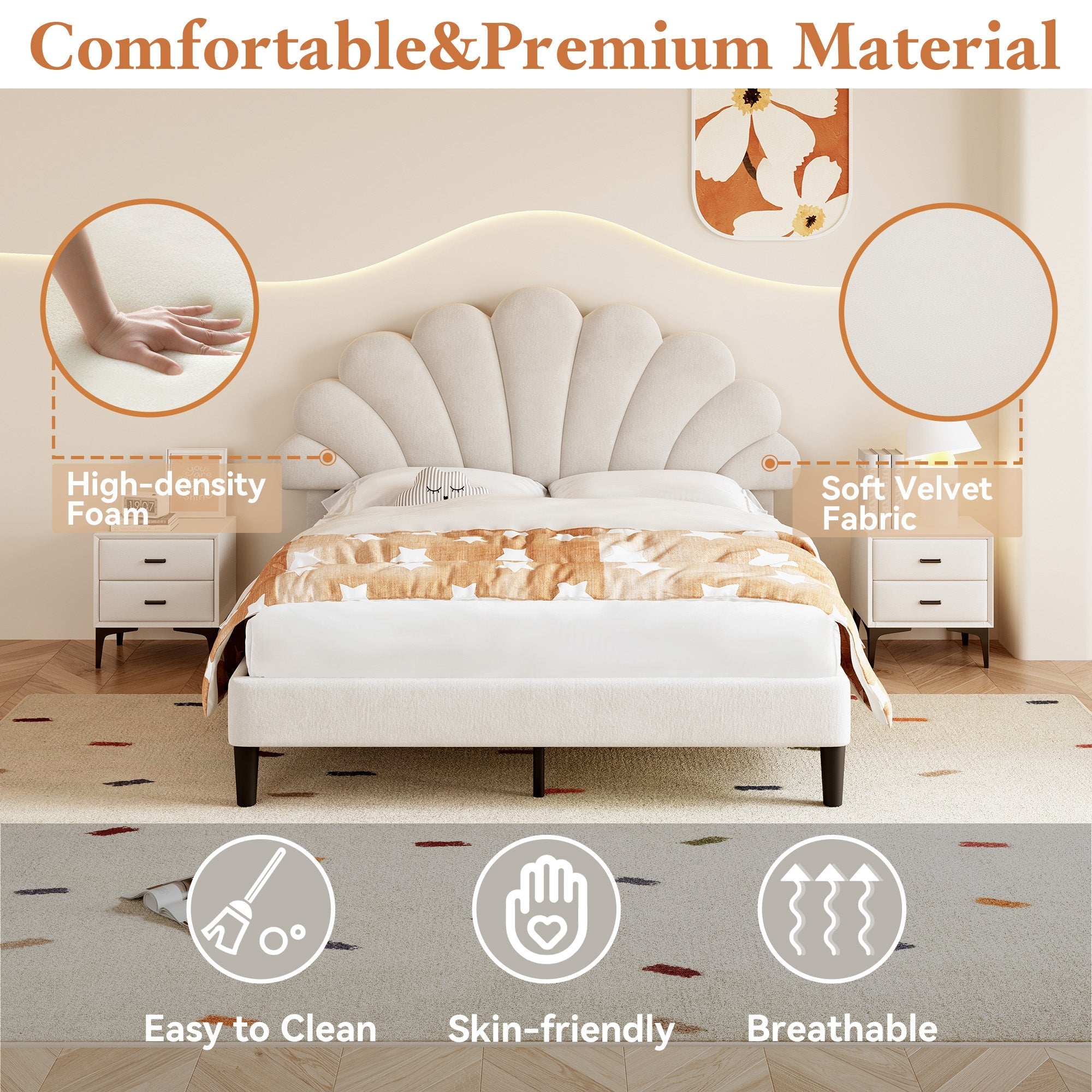 4ft6 Double Upholstered Velvet Bed Frame, Adjustable Chic Petal Headboard, Beige