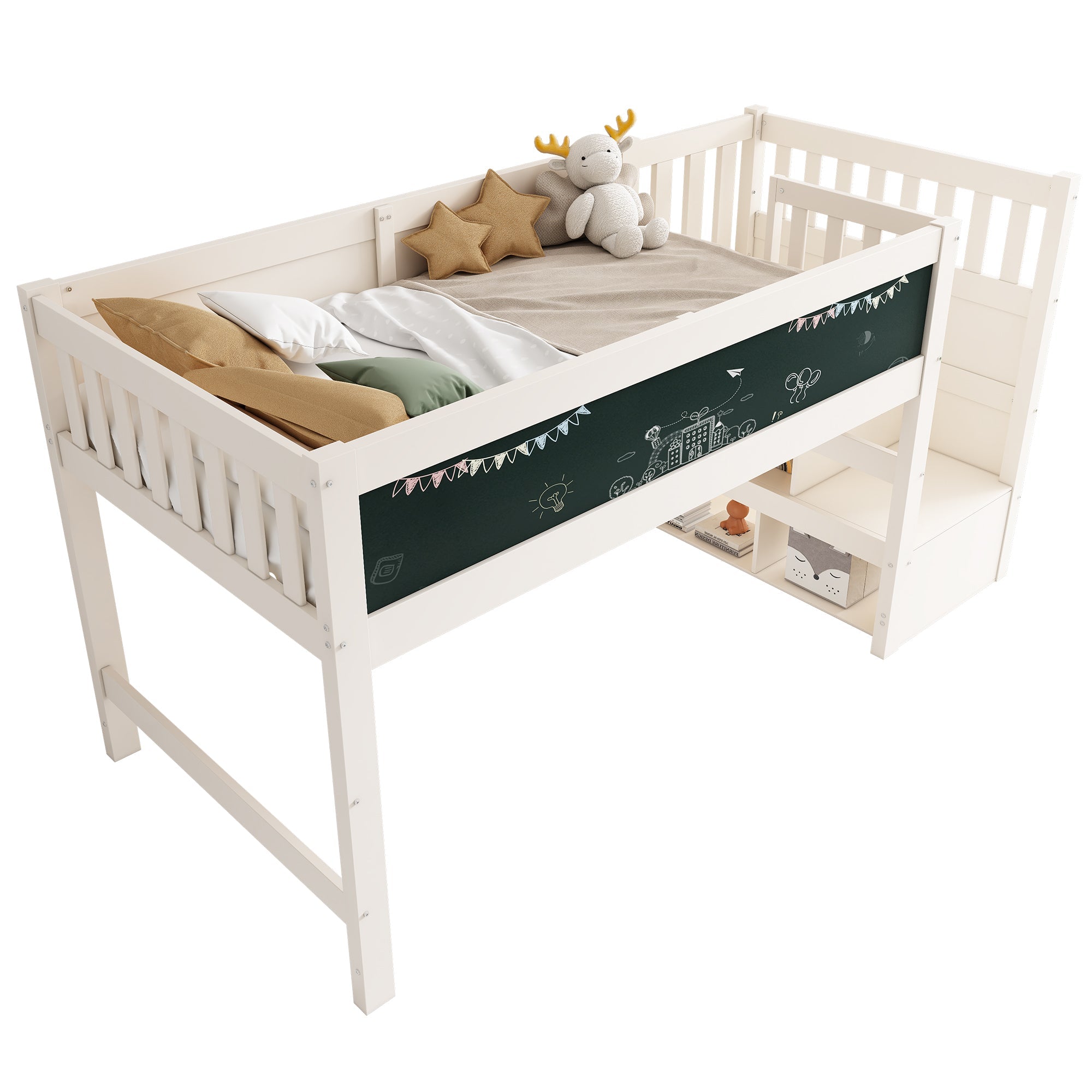 Children's Loft Bed with Whiteboard & Blackboard, Storage, 90 x 200 cm, White