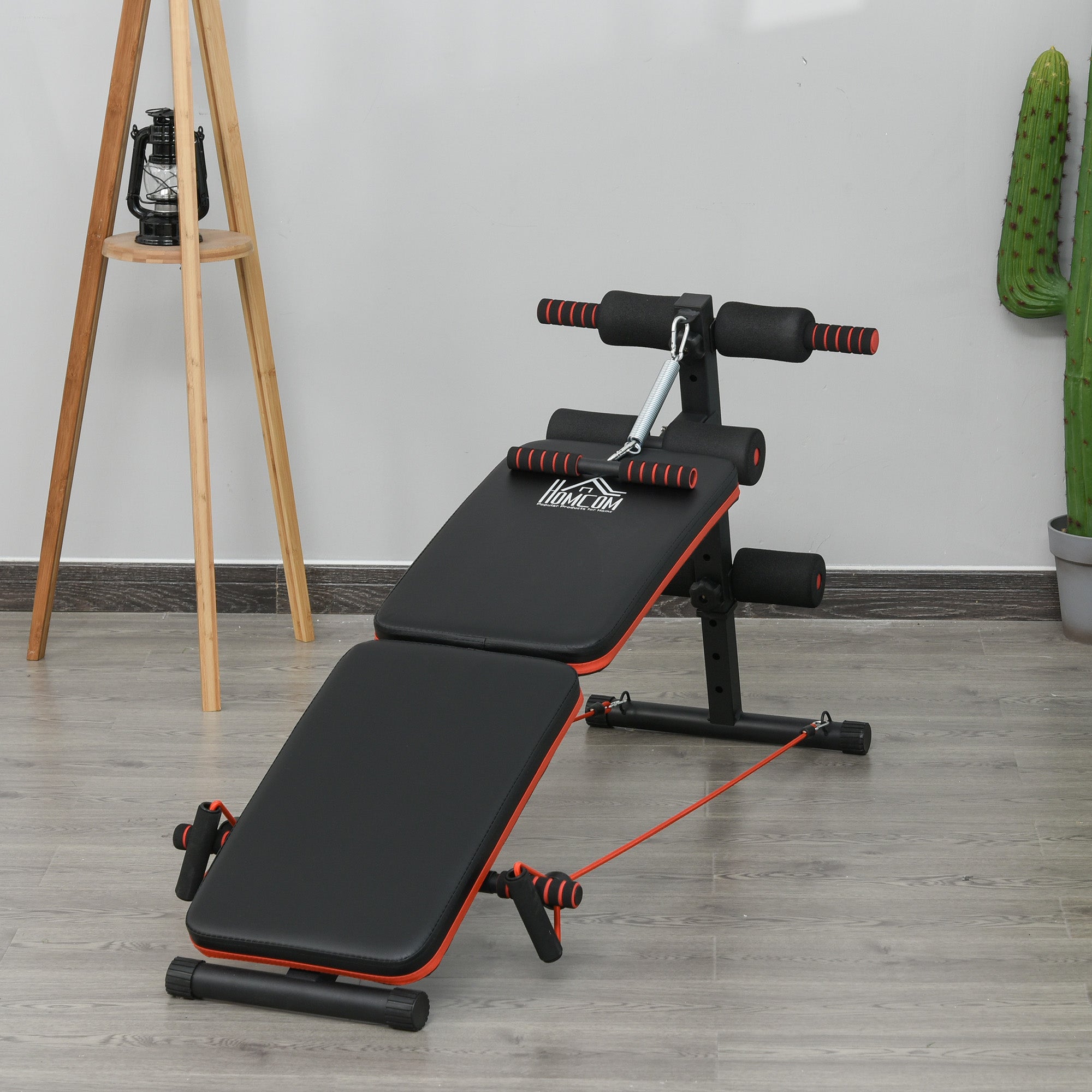Sit-Up-Bank, verstellbar & klappbar, Trainingsseile, Stahl Schwarz Rot