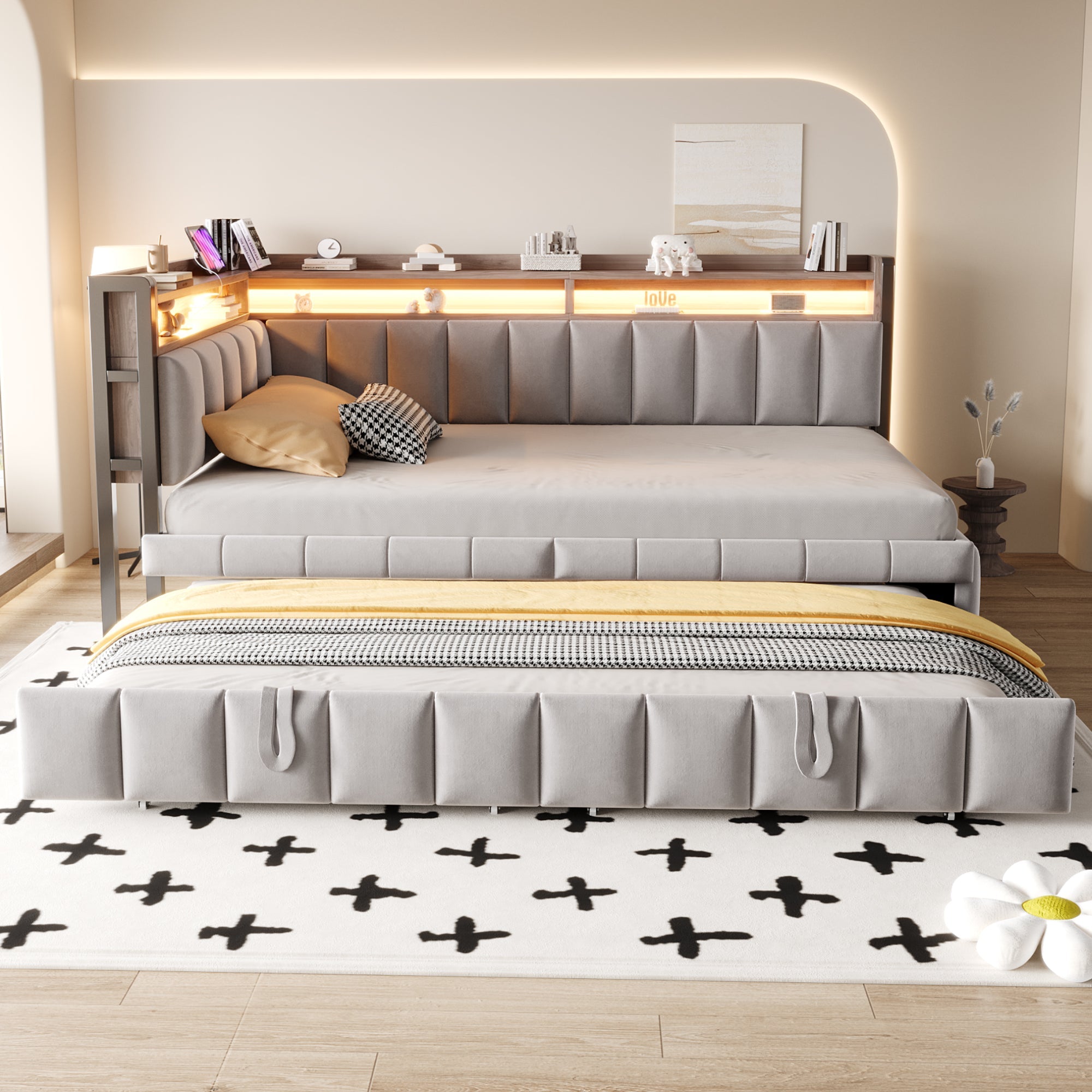 Upholstered Sofa Bed 90x200cm Pull-out LED Storage USB/Type-C Light Grey Velvet