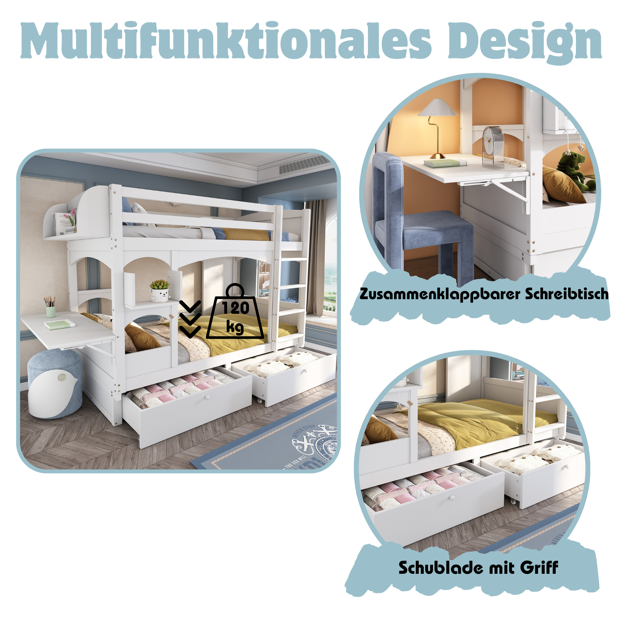 Children's Bunk Bed Multifunctional Double Bed with Desk, Shelf, 2 Drawers, Solid Wood White