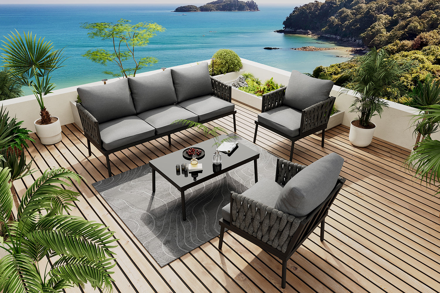 Garden Furniture Set with 3-Seater Sofa, 2 Armchairs and Coffee Table, Grey