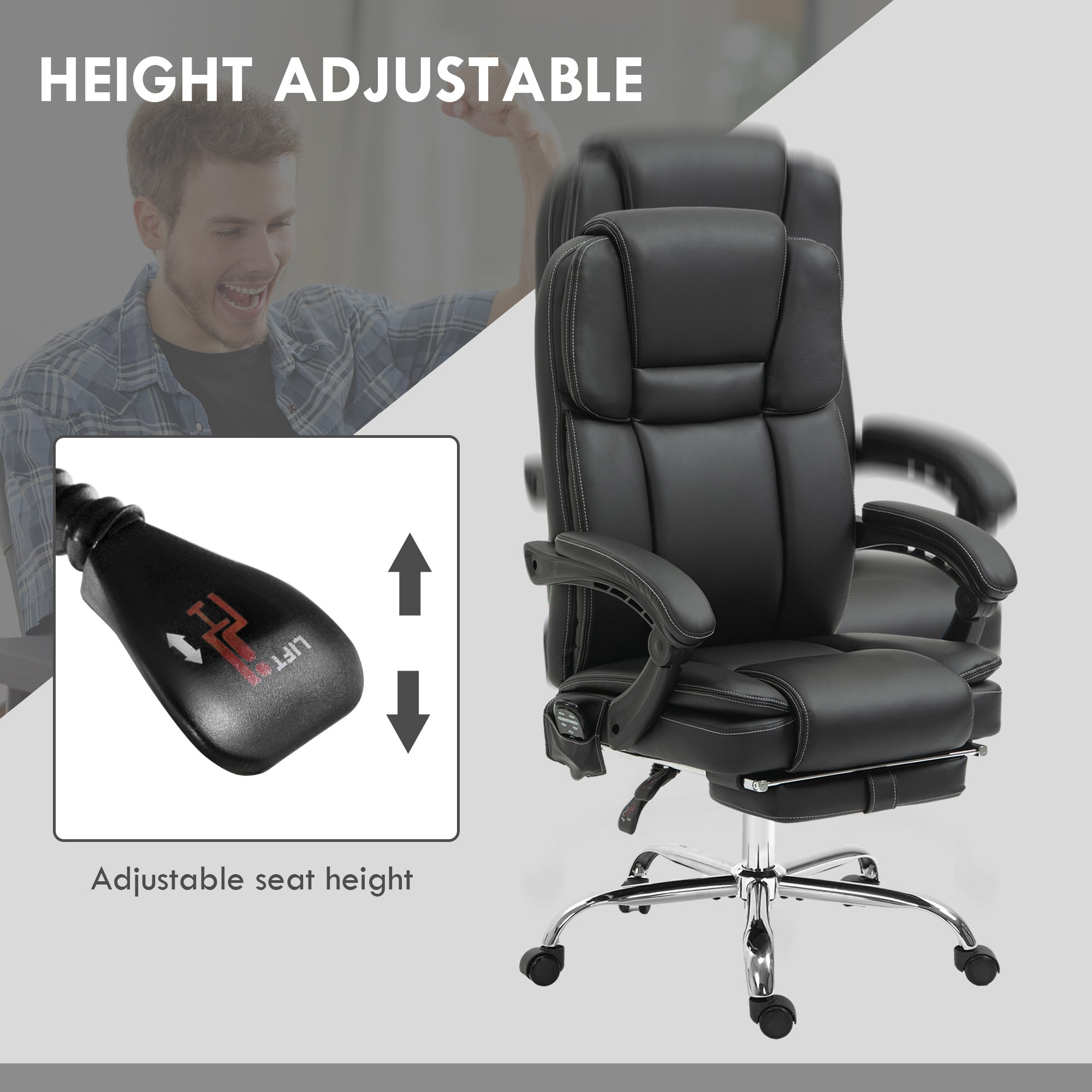 Six Point Vibrating Massage Office Chair with Recline and Footrest, Faux Leather Black
