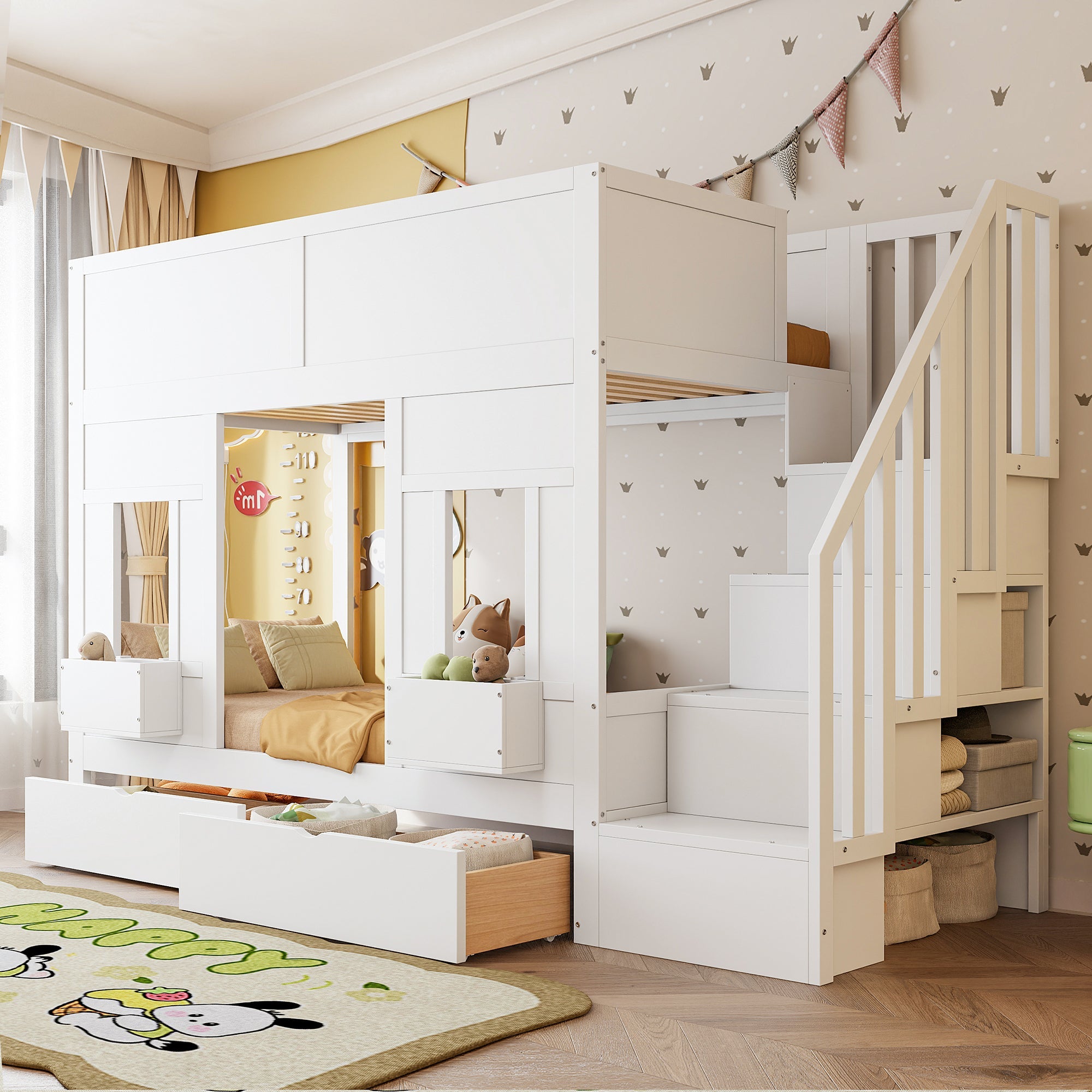 Bunk Bed with Storage Stairs, Drawers and Windows, 90x200cm, Wood
