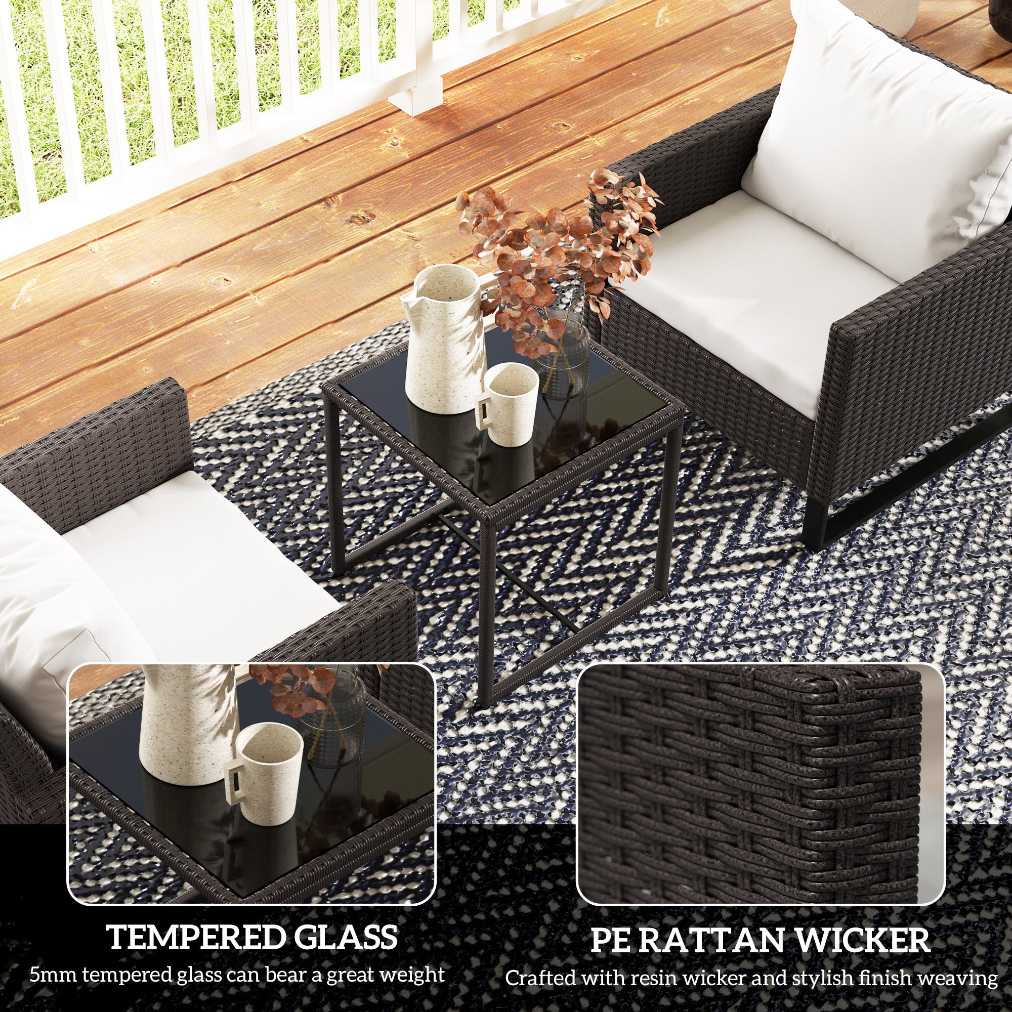 3 Pieces Rattan Bistro Set, 4 Cushions Glass Top, Brown