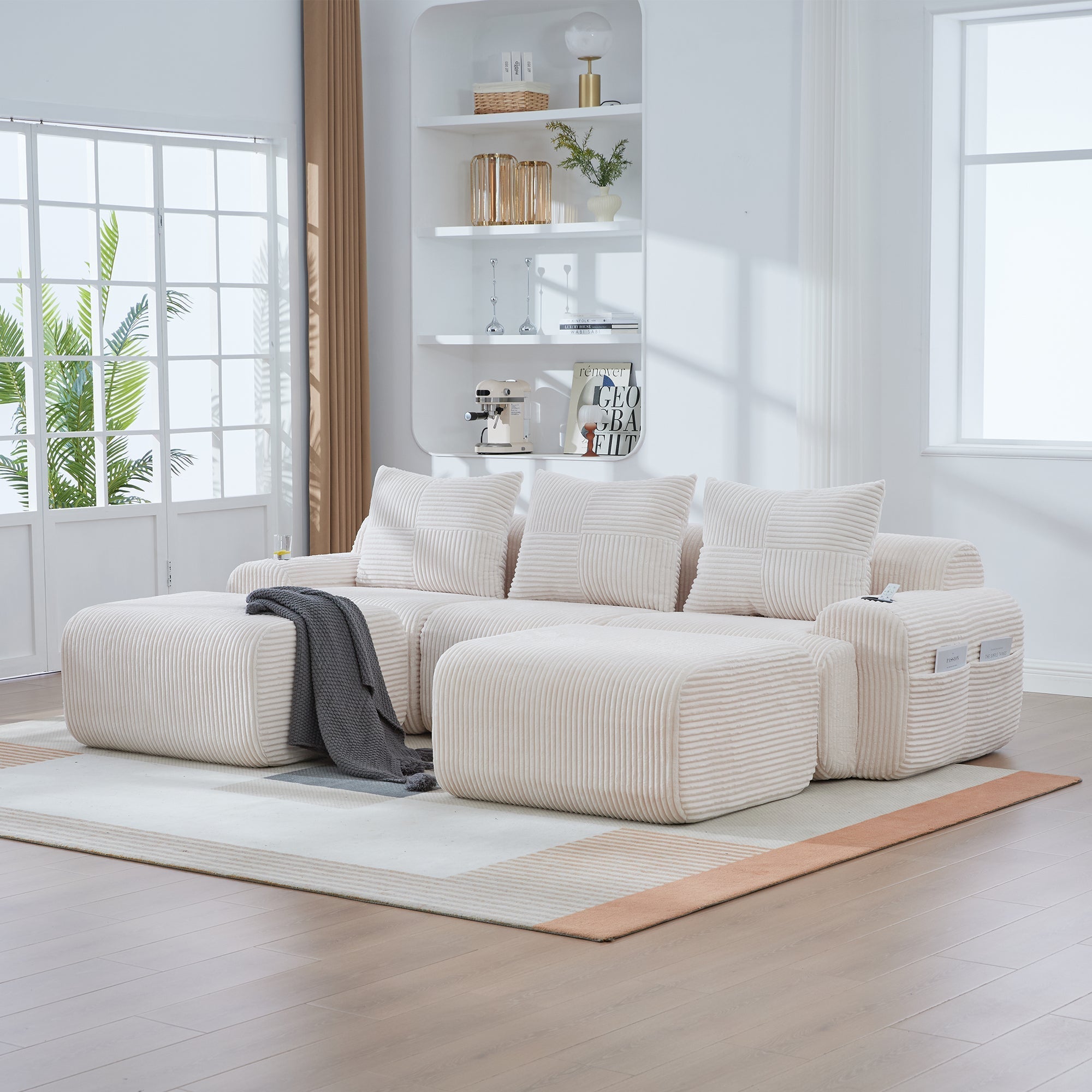 3-Seater Modular Corduroy Sofa with 2 Ottomans, Cup Holders and Storage Pocket, Beige
