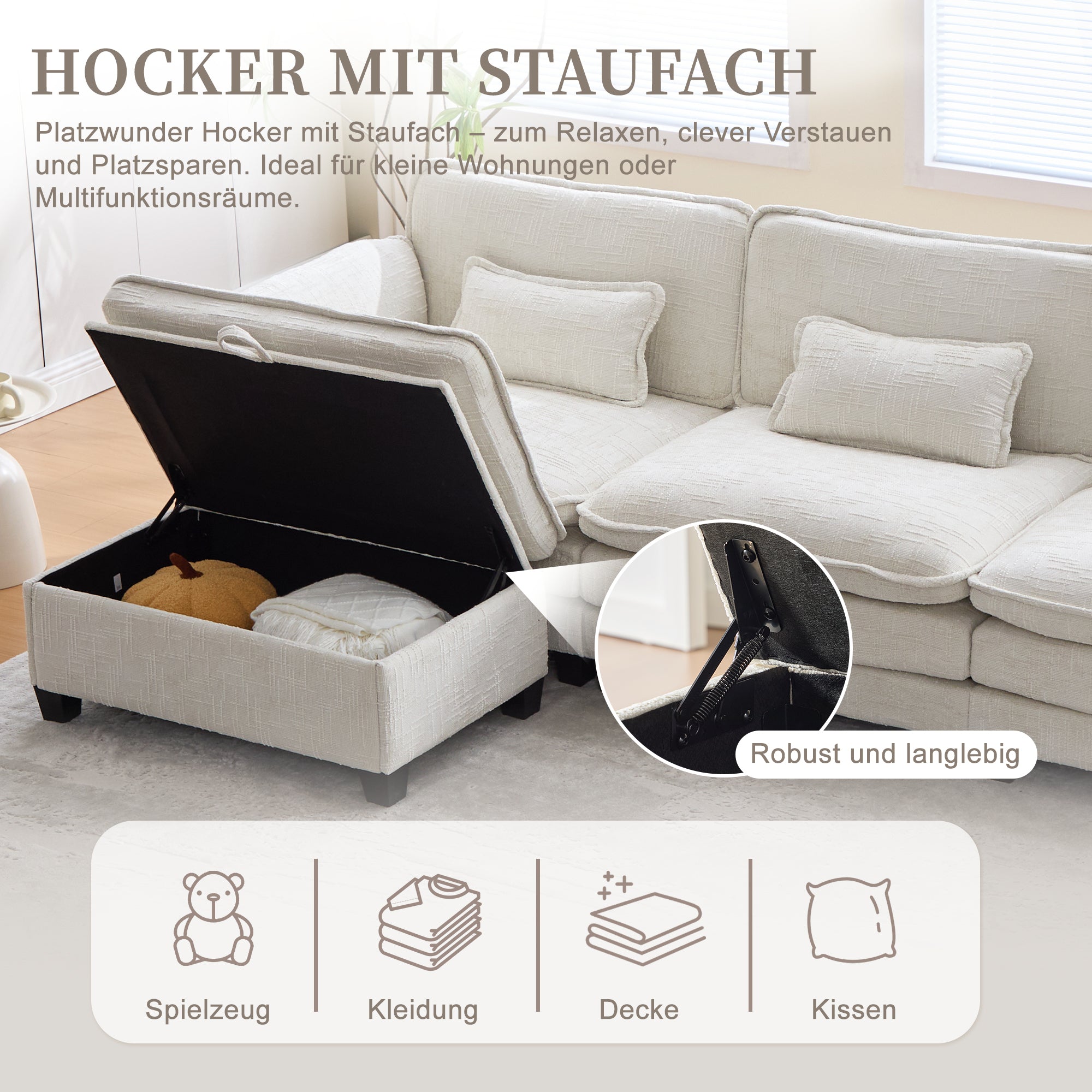Modern 2-Seater Sofa USB Port Side Pocket Modular Footstool, Chenille Beige