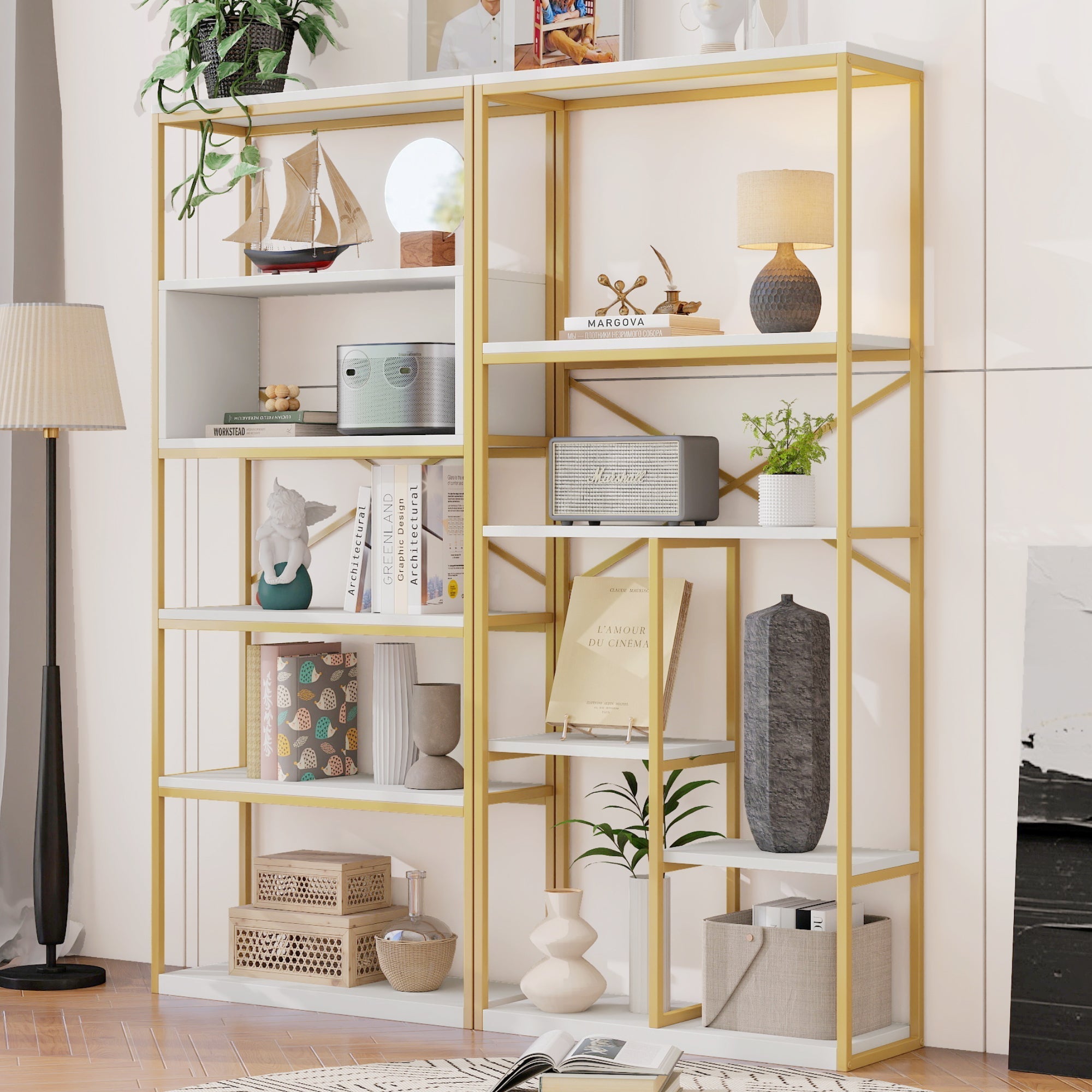 Modern Minimalist Shelf with Multi-Tier Storage and Steel Frame, Gold and White