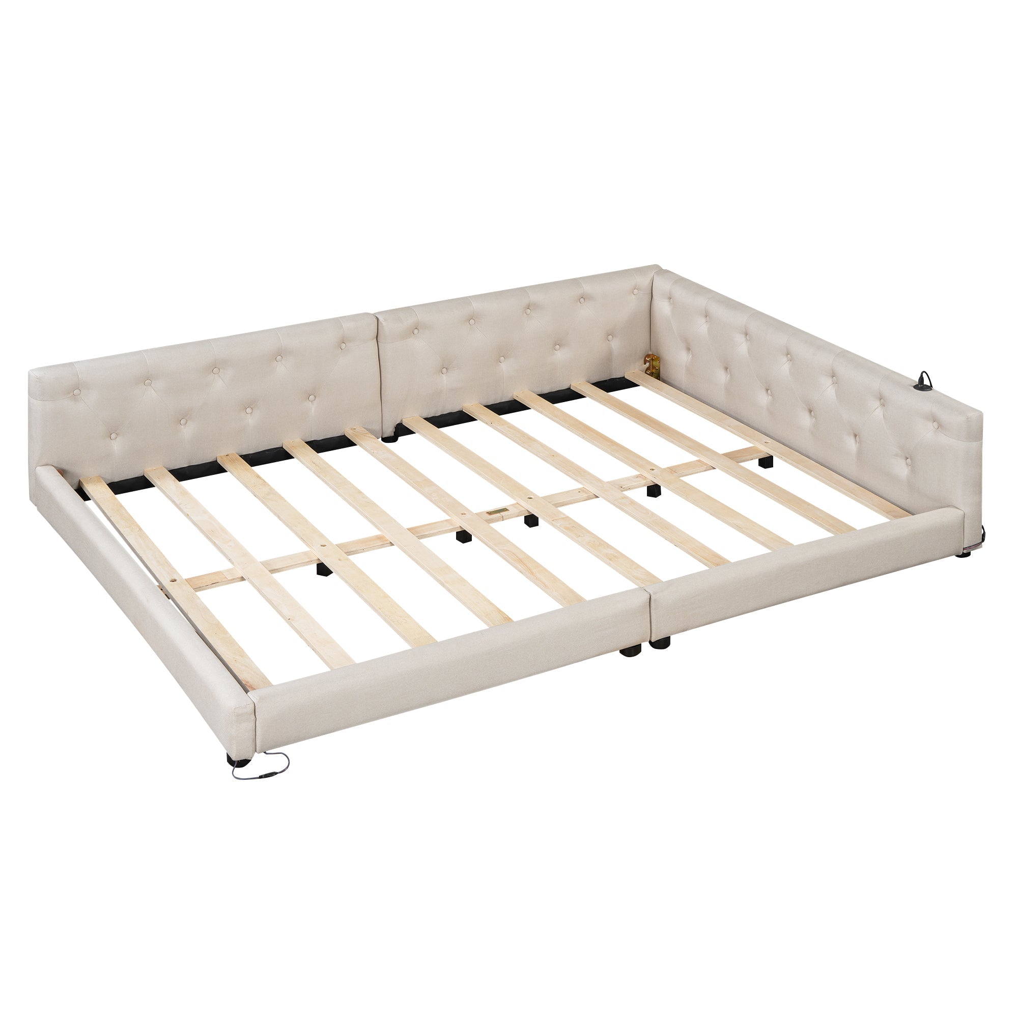 Sofa Bed 140x200cm LED Light USB/Type-C Button Tufting - Beige Linen