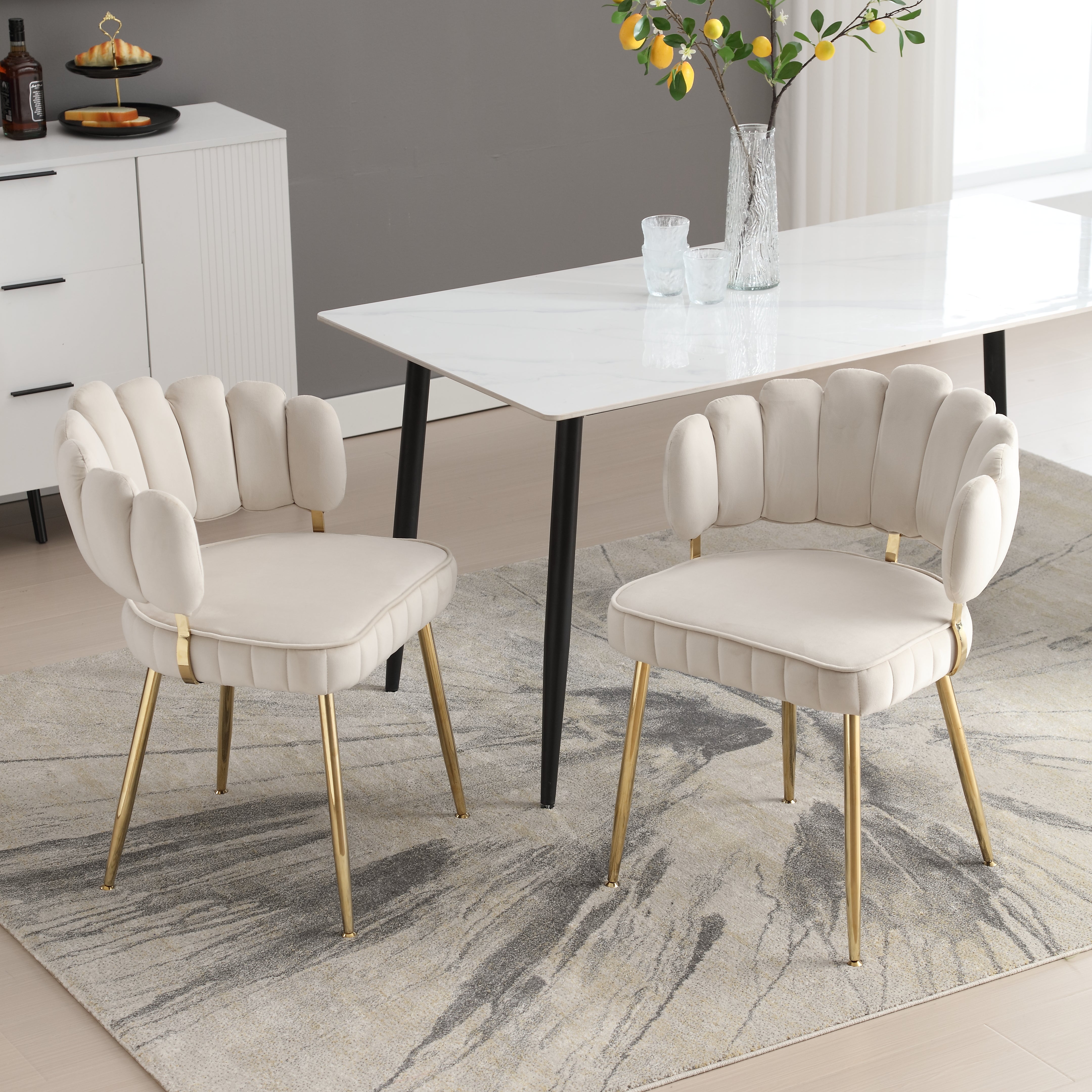 Luvian Armchair, Velvet, Floral Backrest, Metal Legs (Set of 2)