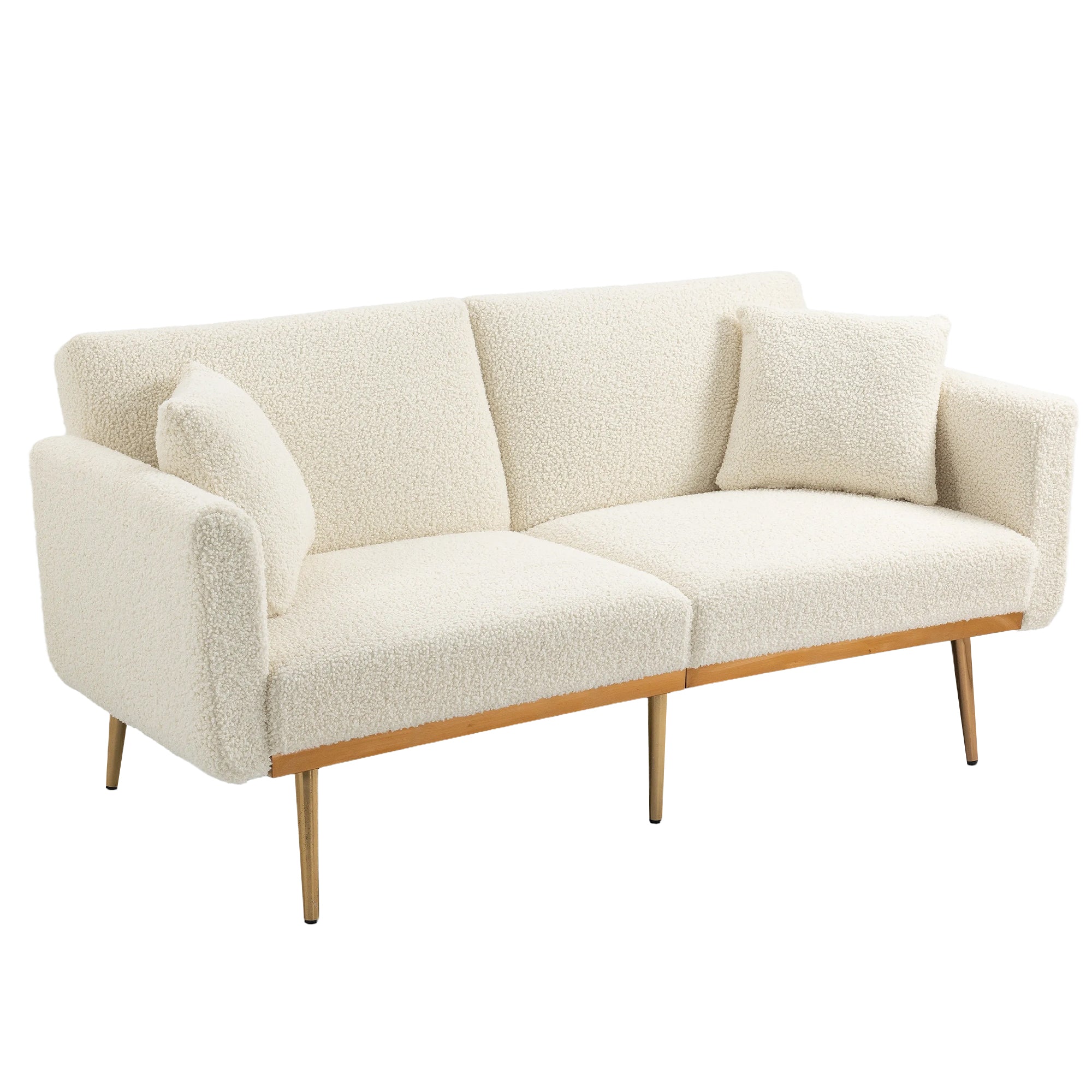 GOMYWAY Modern 2-Seater Sofa 3-Speed Adjustable Backrest Gold Metal Legs White Teddy