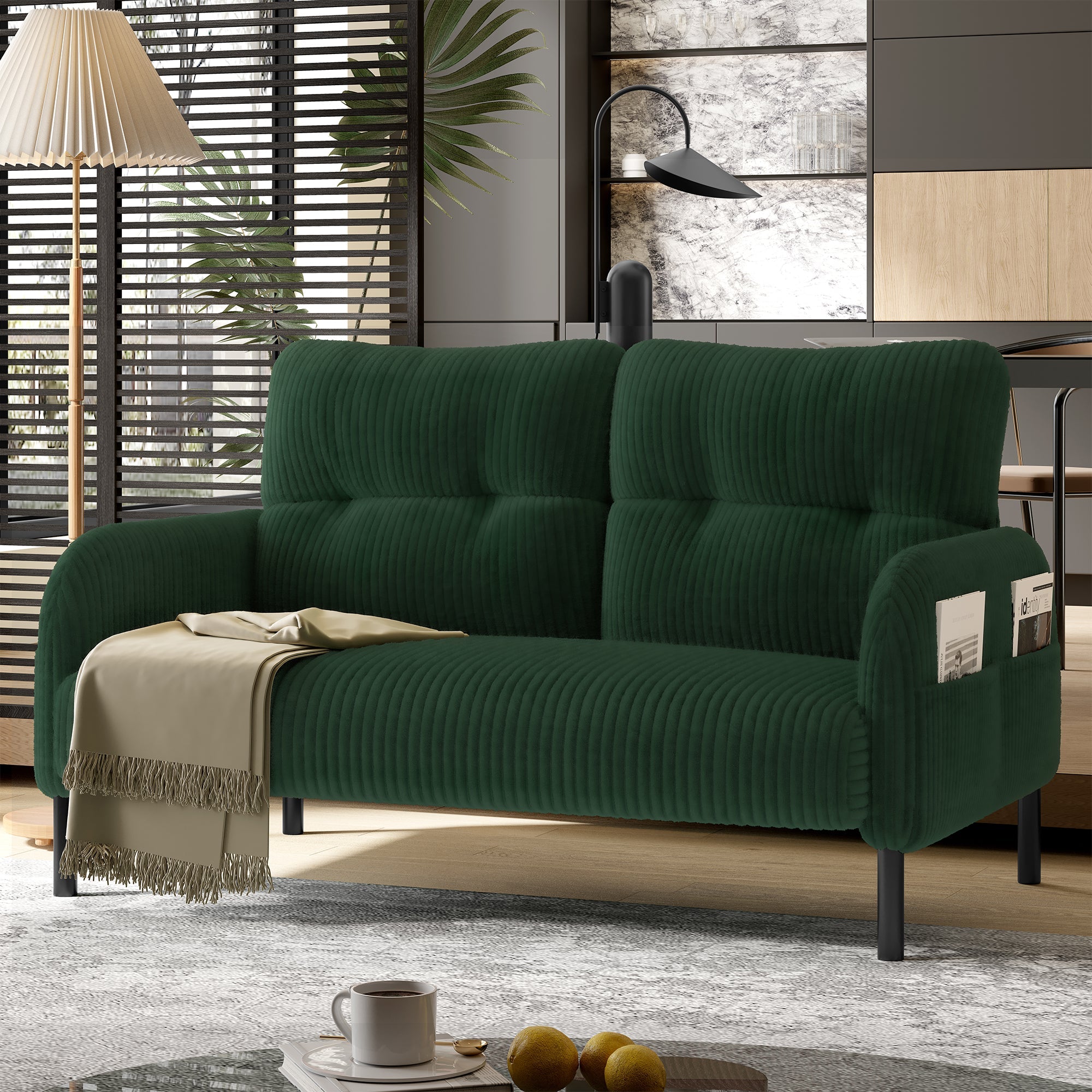 Two-Seater Sofa, Comfort Padding High Backrest Side Pockets Metal Feet, Corduroy