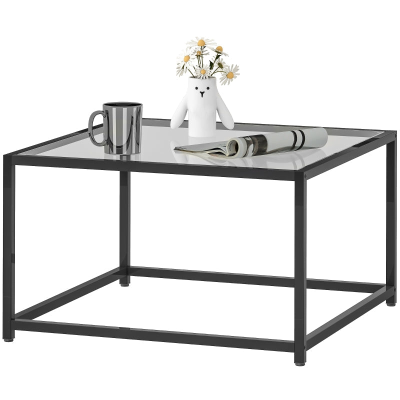 Square Side Table Tempered Glass Top Steel Legs - Black