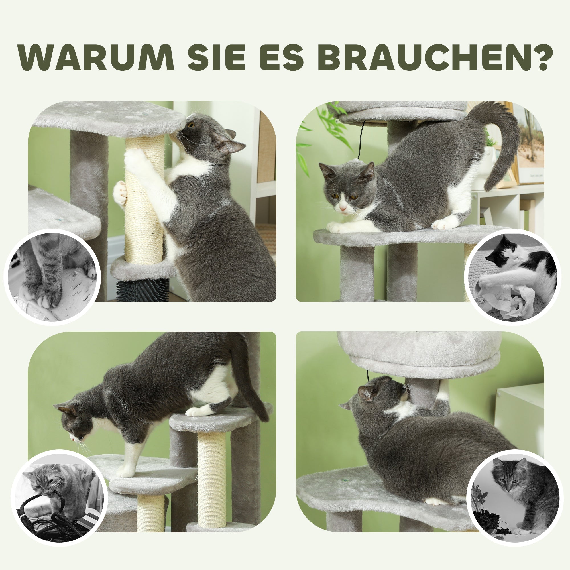 Cat Tree 87 cm, Cave Bed Scratching Post, Light Grey