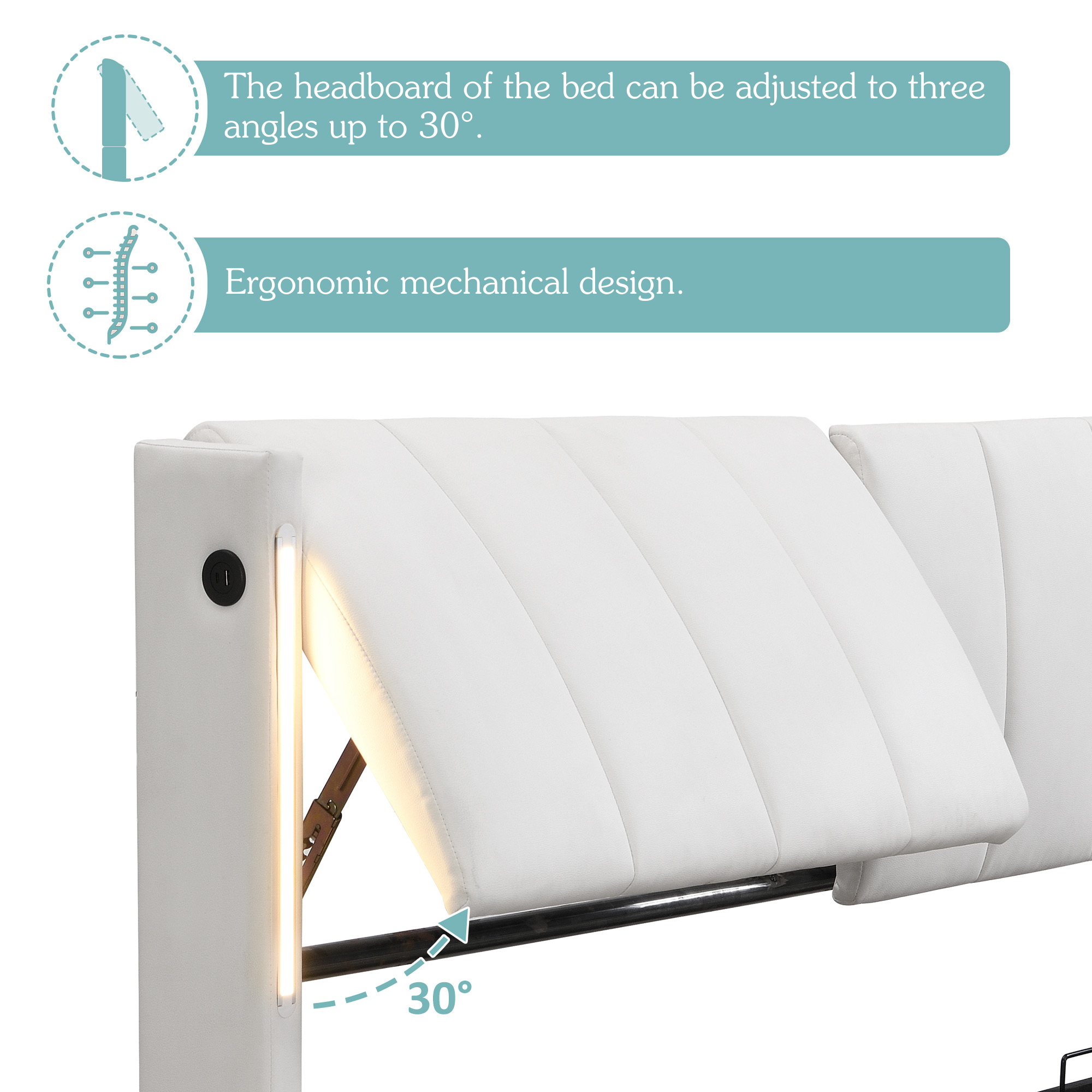 LED Upholstered Bed, King 5ft Hydraulic Storage with USB and Adjustable Headboard, White PU