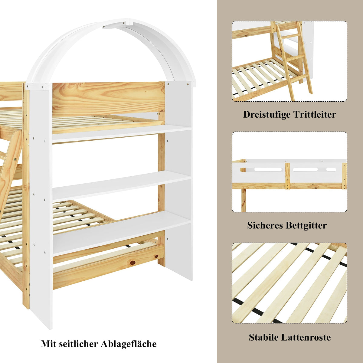 Bunk Bed 90x200cm 3-Tier Shelf Ladder Slatted Base - White/Natural Pine