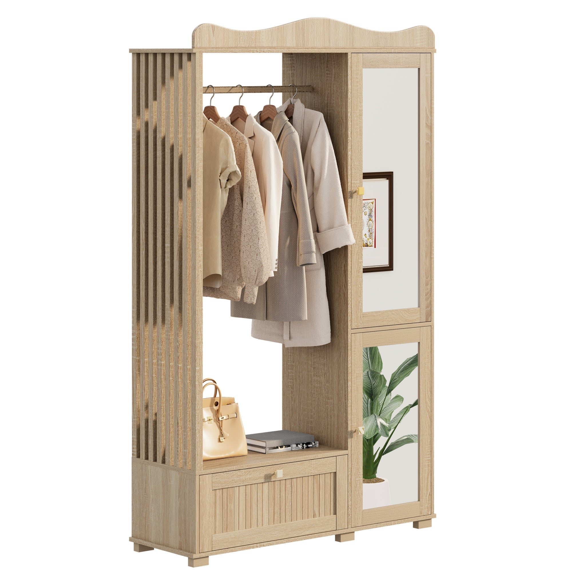 Wardrobe with Mirror and Open Clothes Rack, Drawer and 2 Doors, Wood Wood