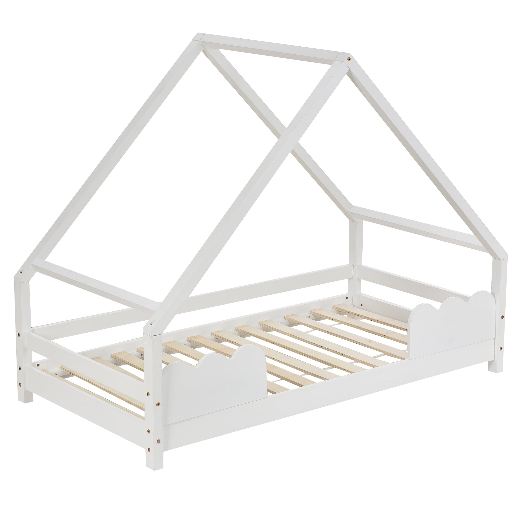 Children's House Bed 90x200cm with Fall Protection, Solid Pine Wood, White