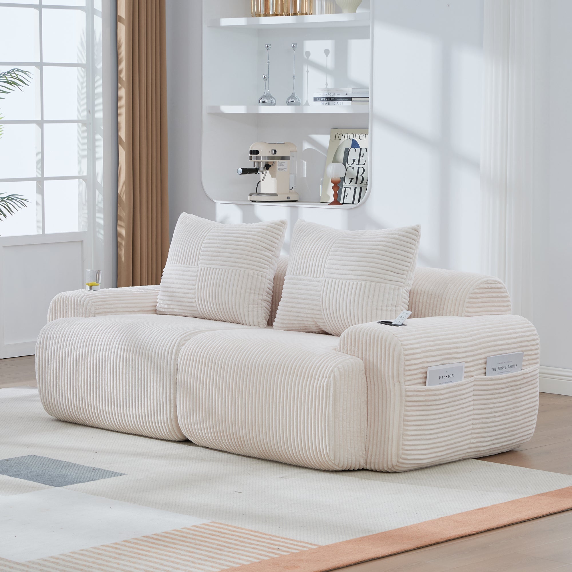 Modular 2-Seater Sofa with Cup Holder and Side Storage Pocket, Beige Corduroy