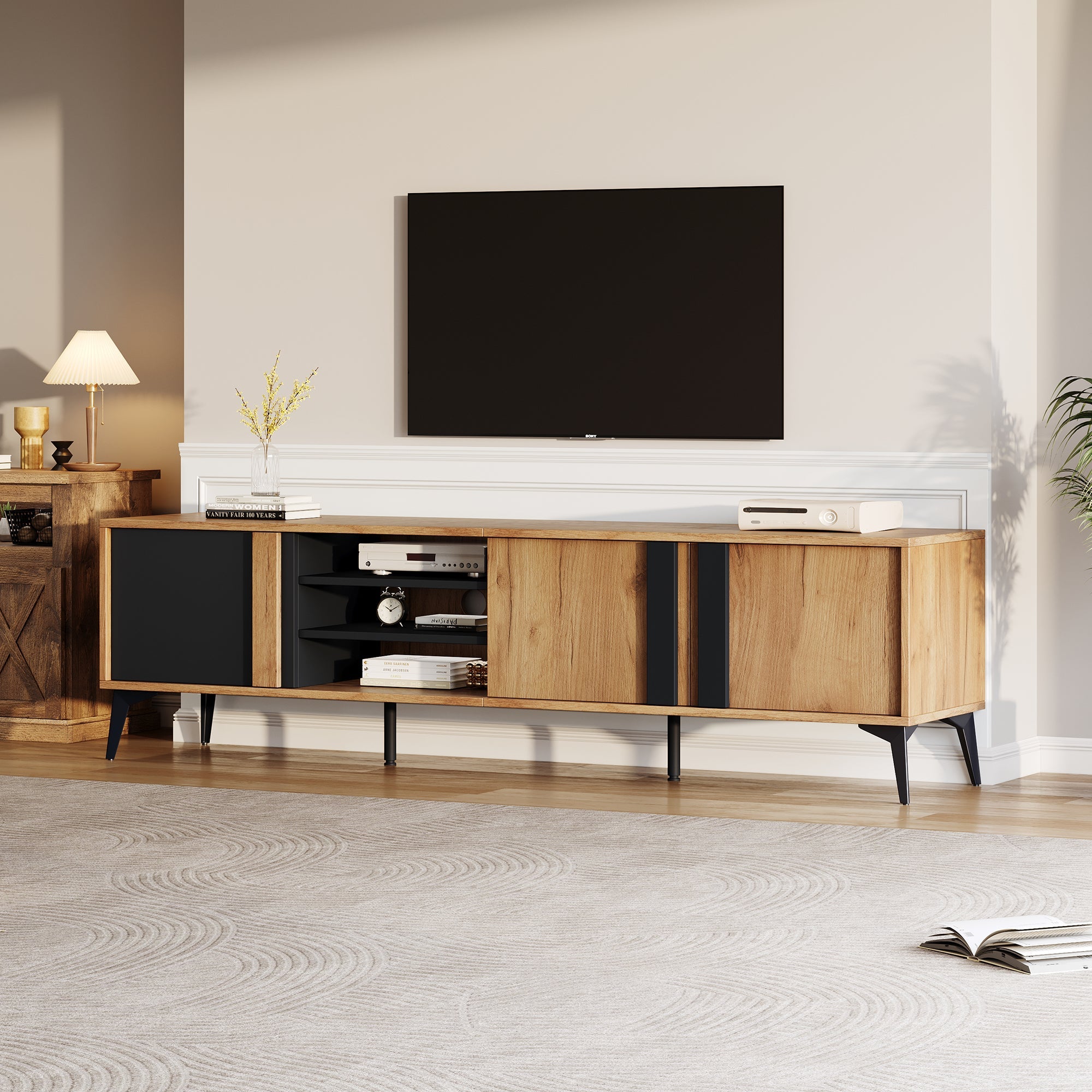 TV Cabinet, Lowboard TV Unit with Door & Open Compartment, 180cm, Rustic Brown