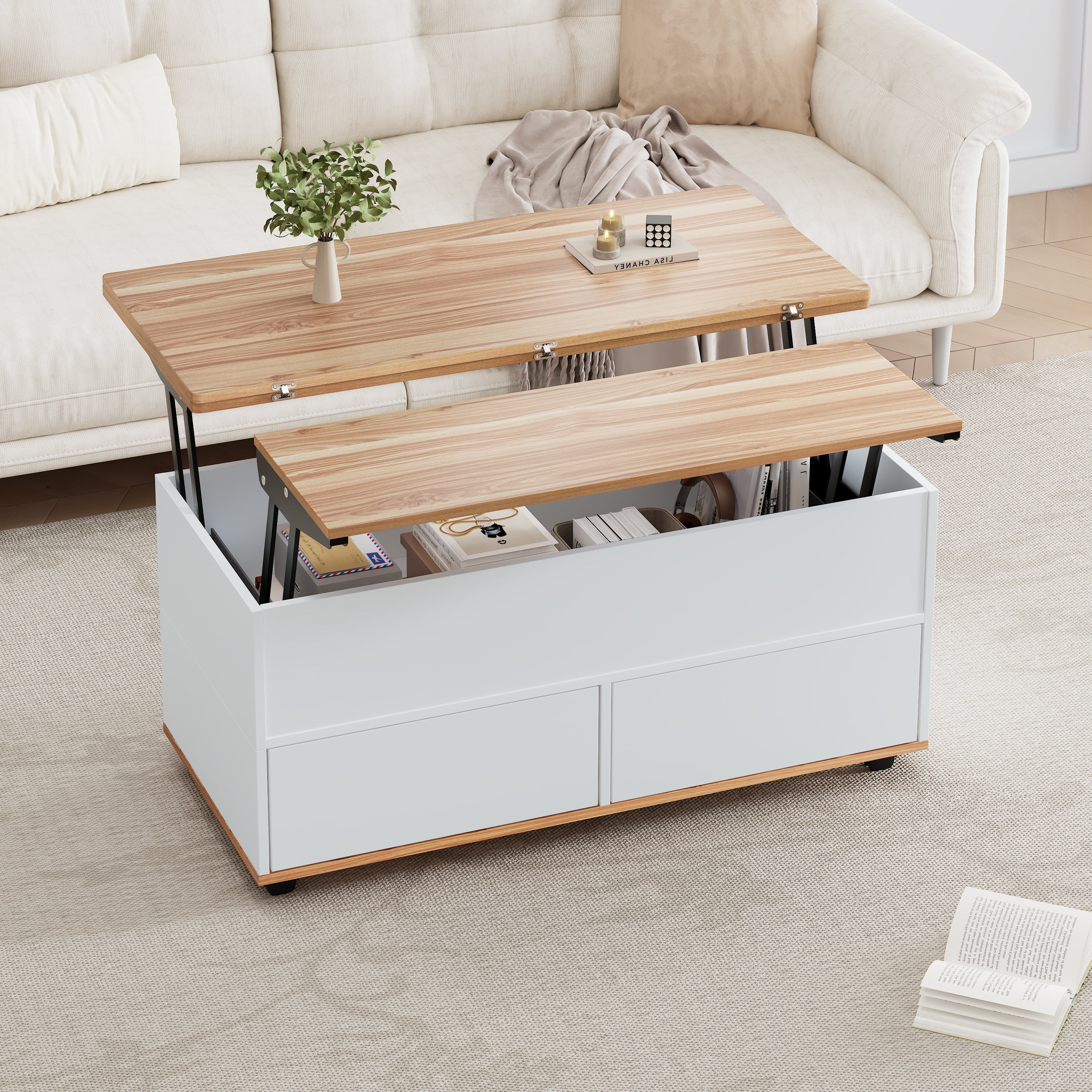 Coffee Table, Height-Adjustable with Hidden Storage and Wheels, White + Natural Wood