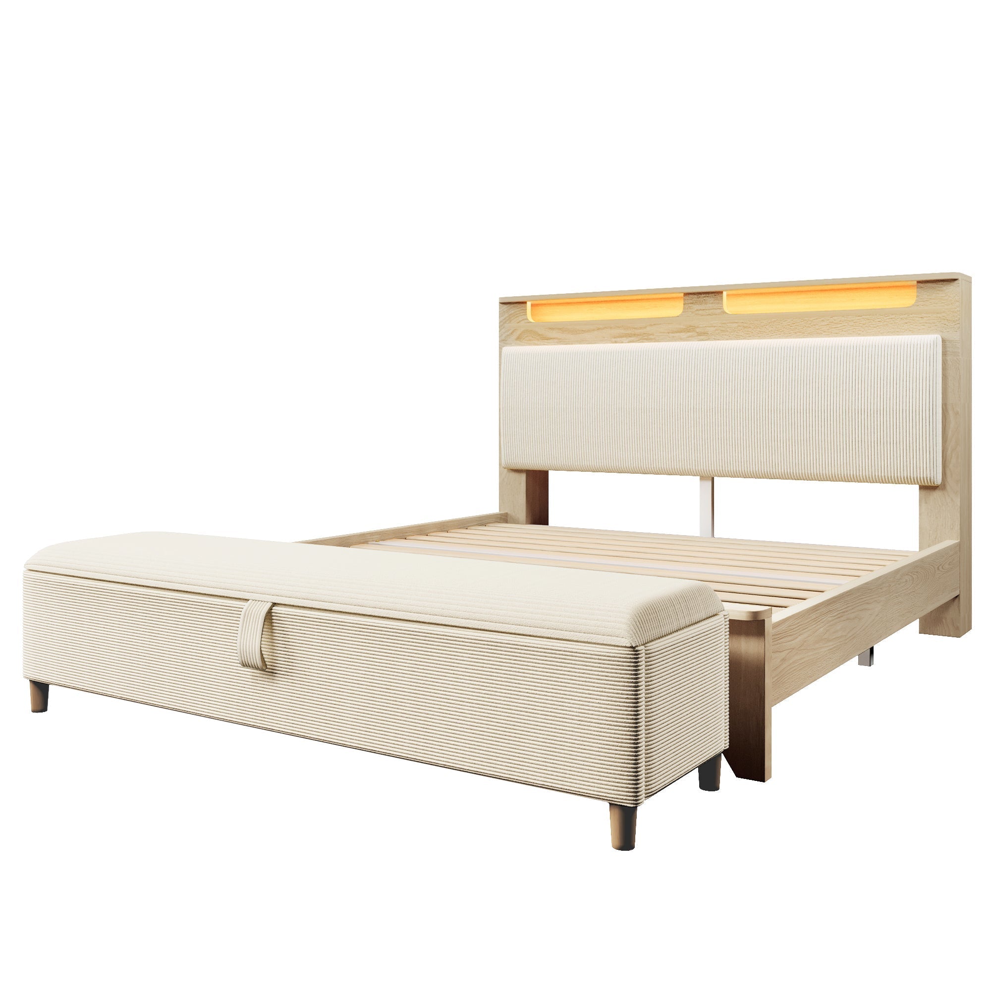 Double Wooden Bed 140×200cm, Storage Headboard, LED, Bed Bench, Light Oak/Beige Corduroy