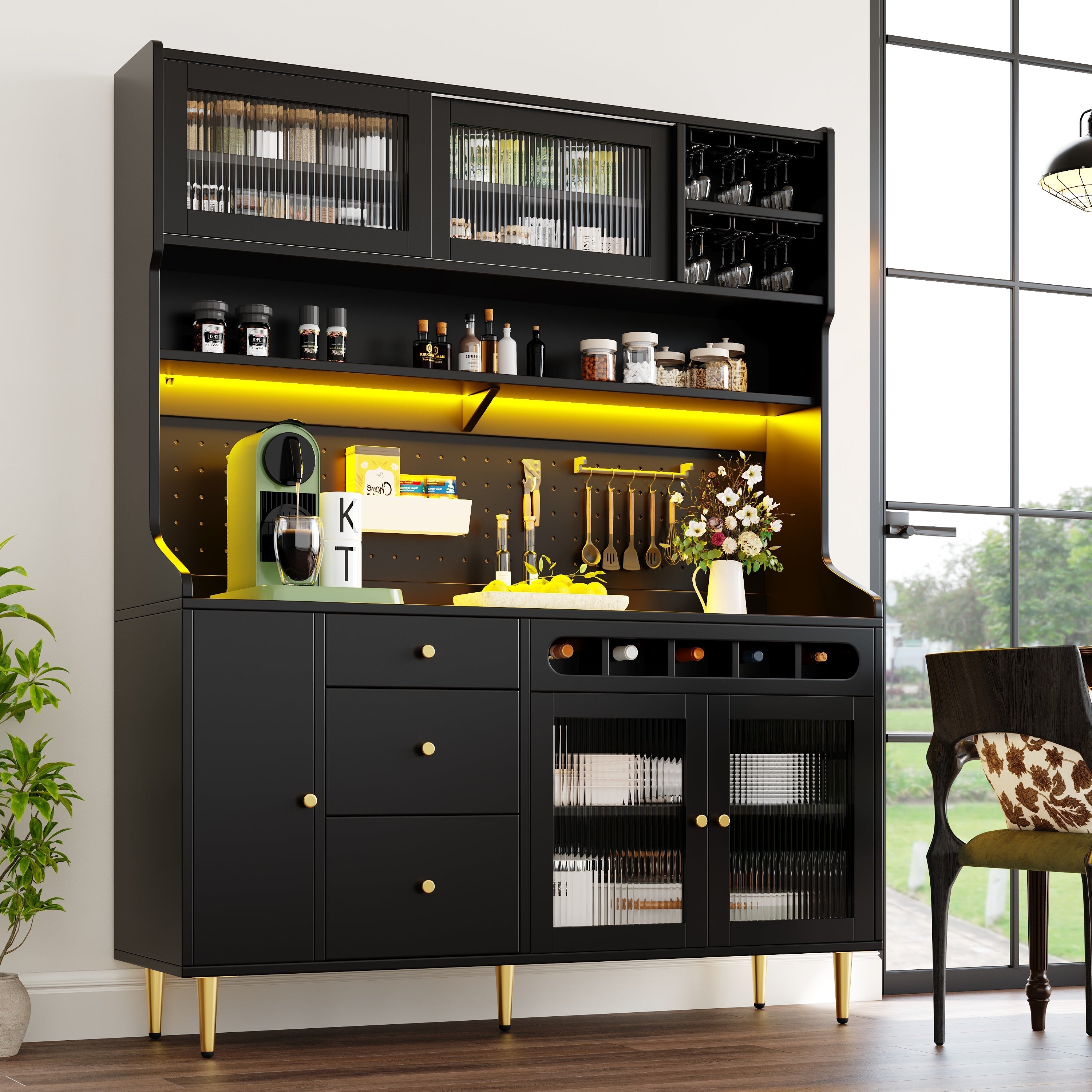 Tall Cabinet Adjustable Shelves LED Lighting Wine Rack Black