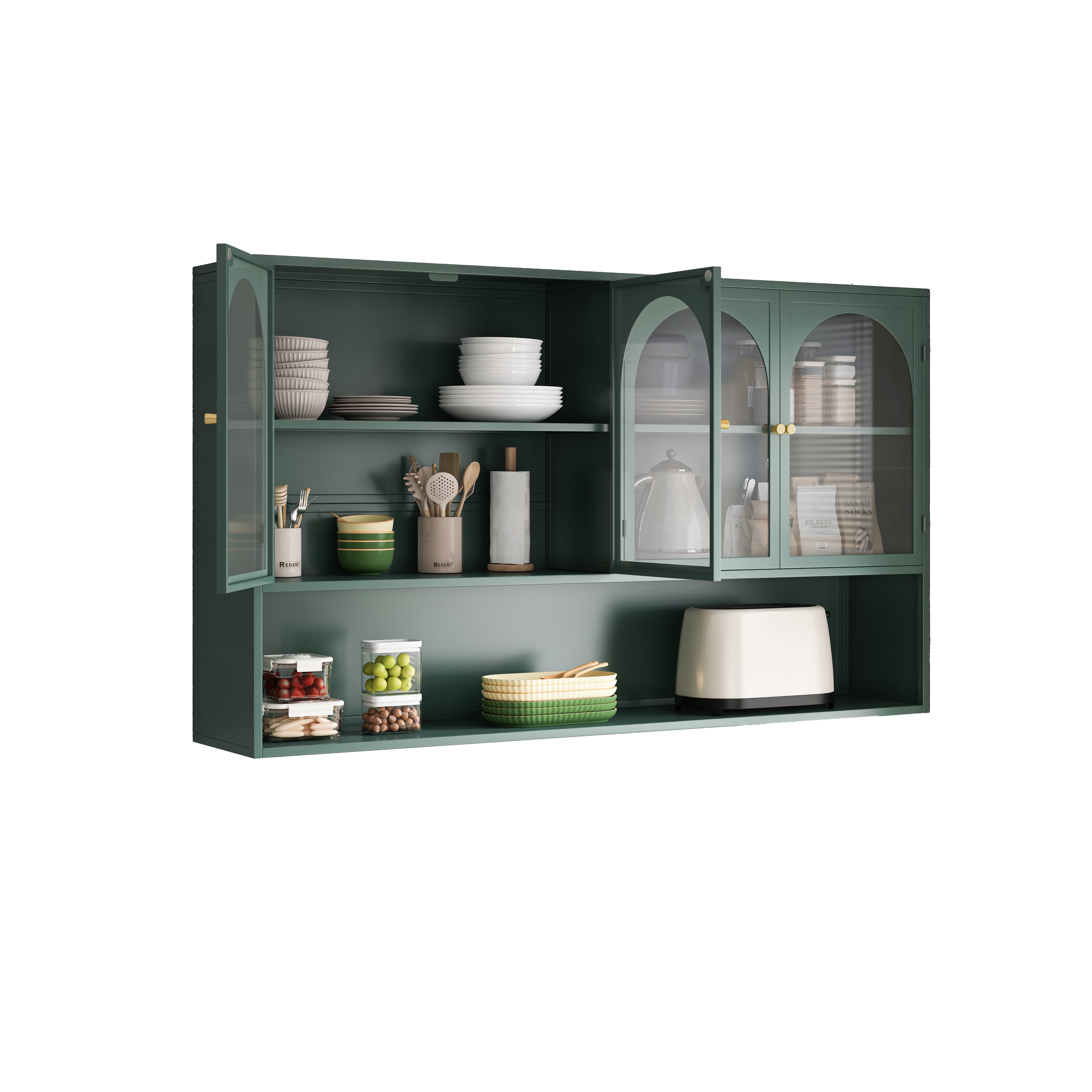 Four-door Glass Wall Cabinet, 120CM Wall-mounted, Dark Green