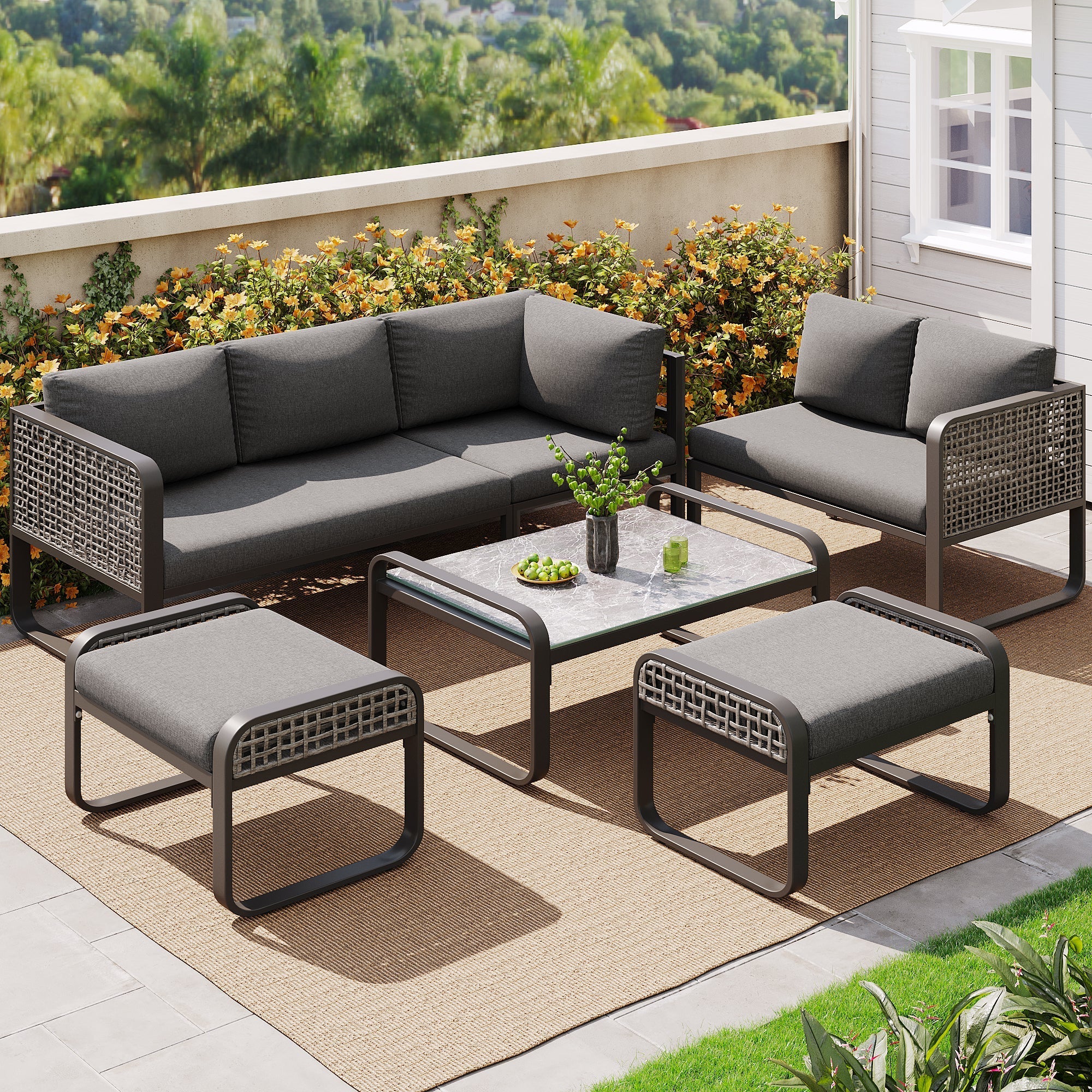 Outdoor Garden Lounge Set, 6-7 People Corner Sofa with Adjustable Legs, Grey Rattan