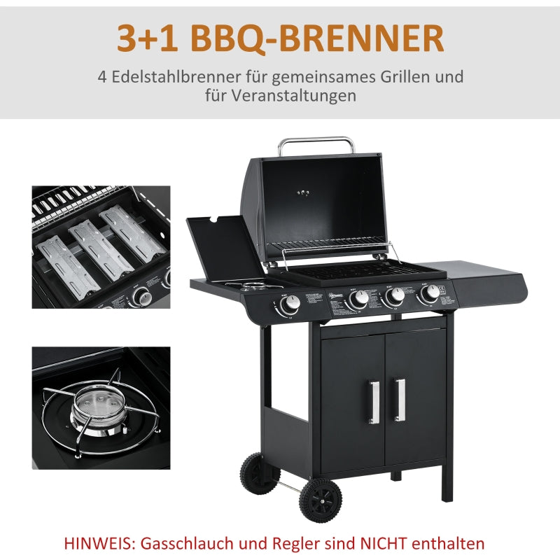 Gas Grill BBQ Cart 3 Burners 1 Side Burner Multifunctional 110x50x100 cm Steel Black