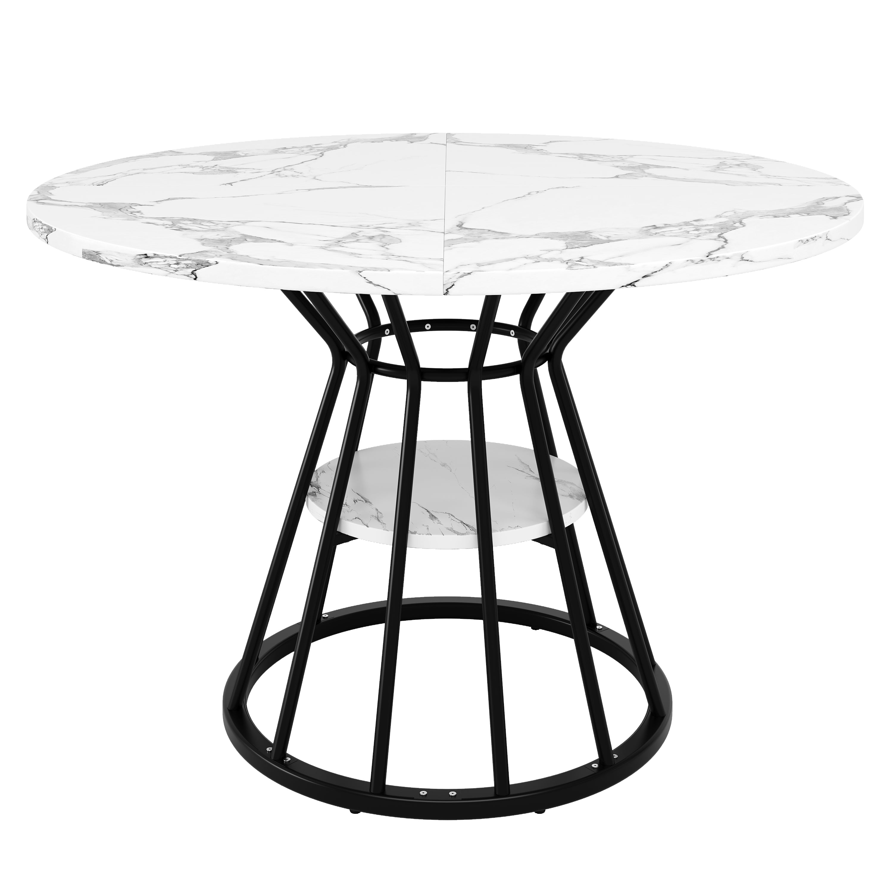 Round Dining Table with Metal Legs and Storage Shelf, Marble Pattern Gold and Black