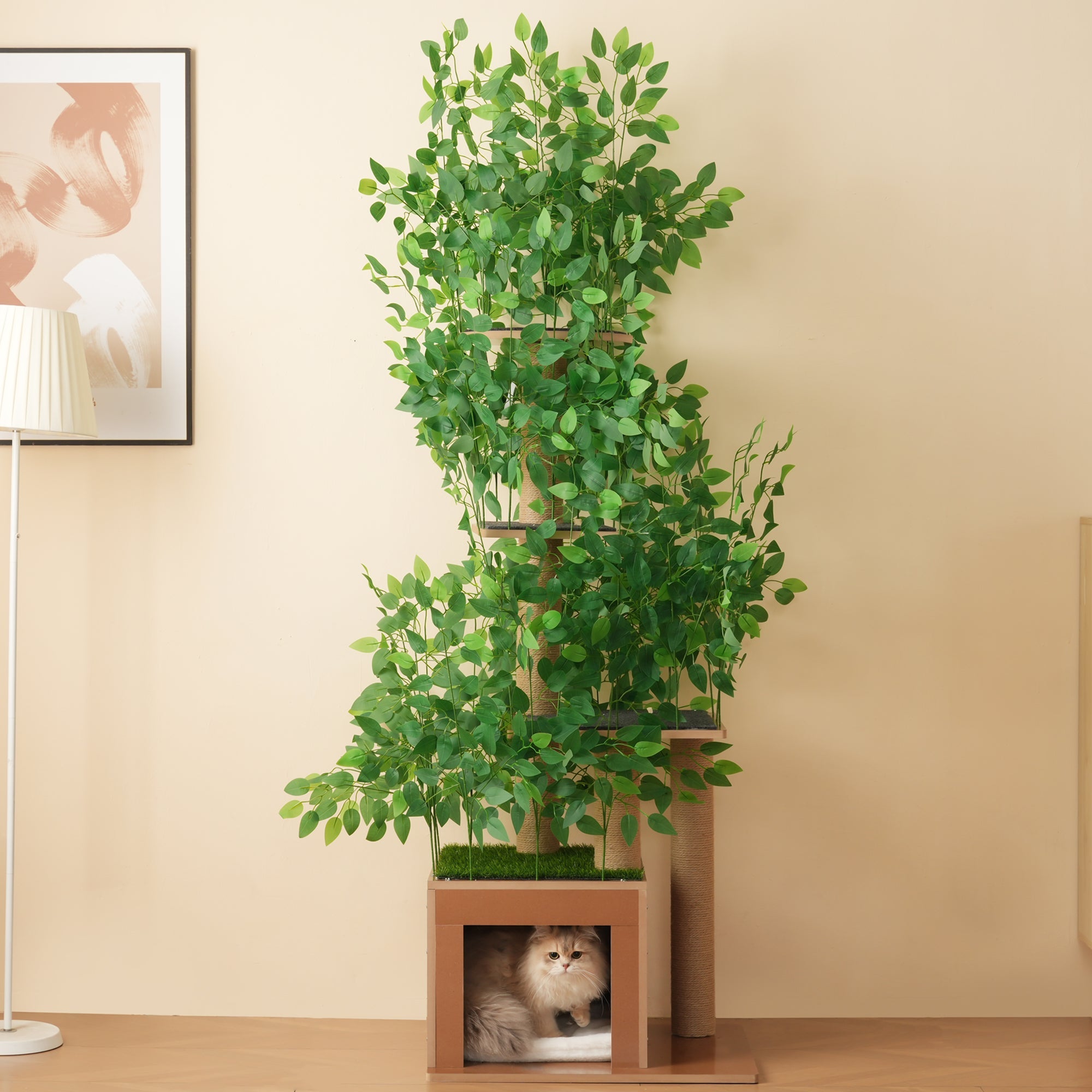 Cat Tree 190cm Tall Tree-Shaped 4 Platforms with Cat Holes Scratch-Resistant MDF
