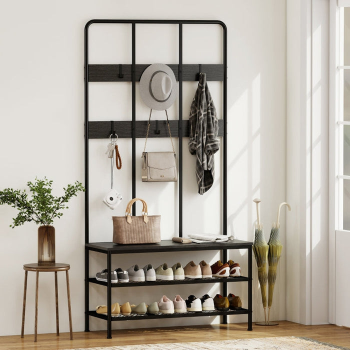 3-in-1 coat rack, coat hook, bench, shoe rack, metal, chipboard, black