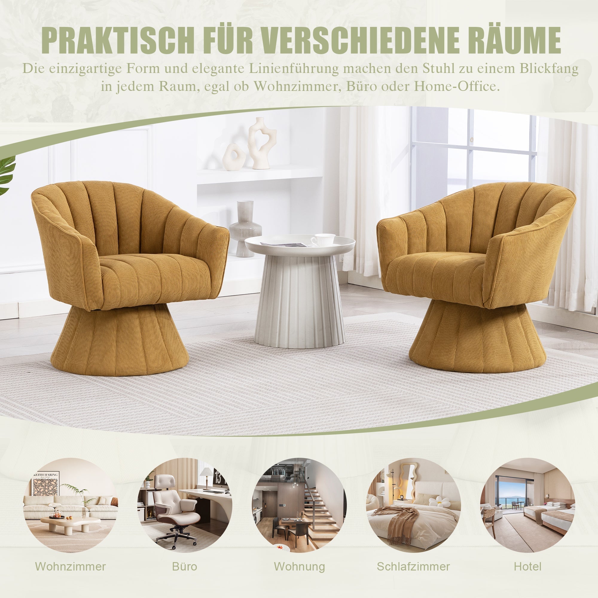 360° Swivel Chair with Ergonomic Cushions and Wraparound Armrests, Mustard Yellow