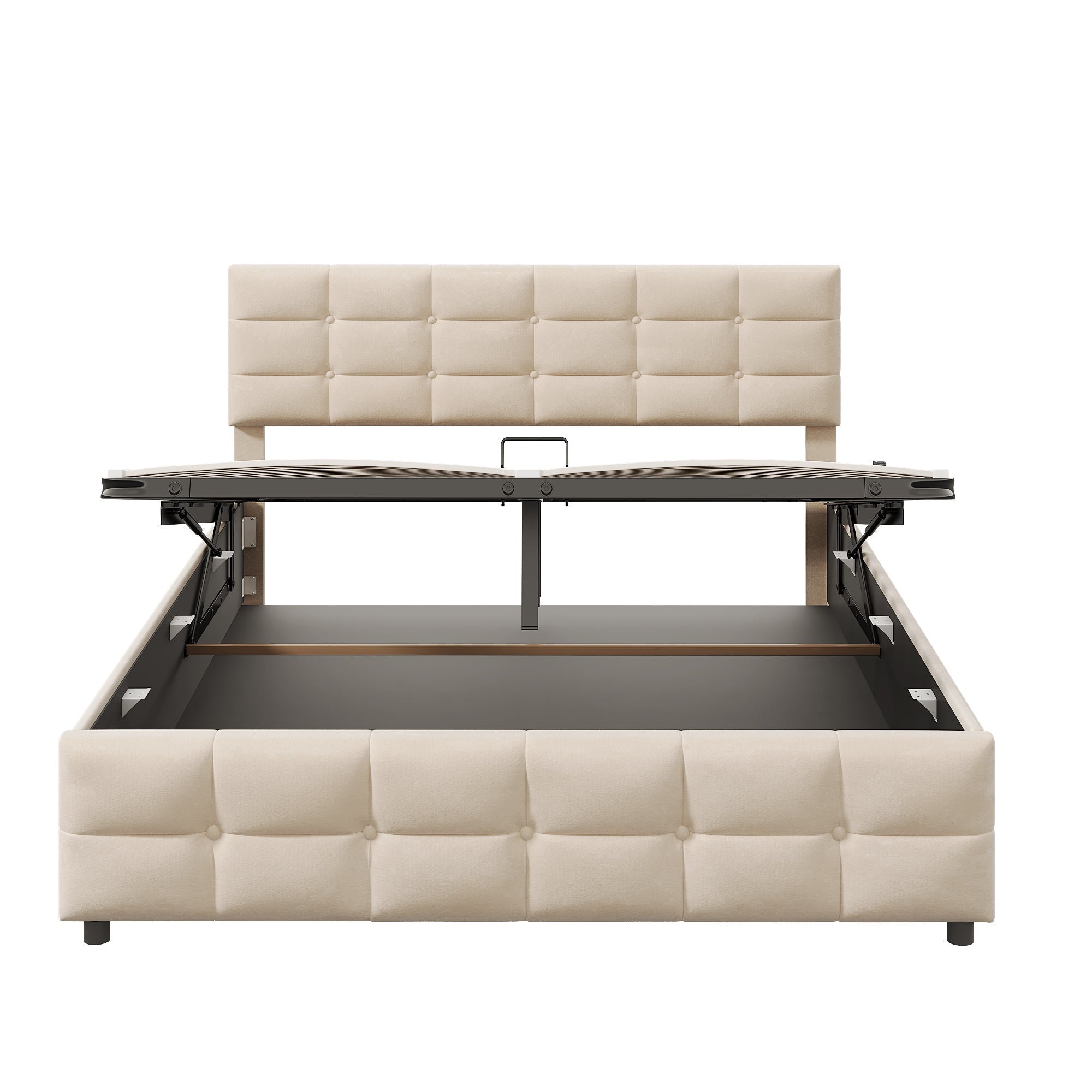 Upholstered Bed 180x200cm Slatted Frame Hydraulic Single Bed, Dutch Velvet Beige