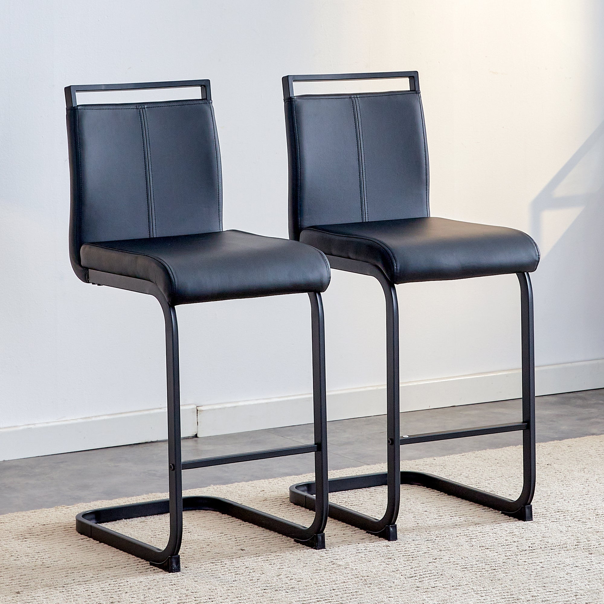Set of 2 Nordic Bar Stools Faux Leather Metal Legs - Black