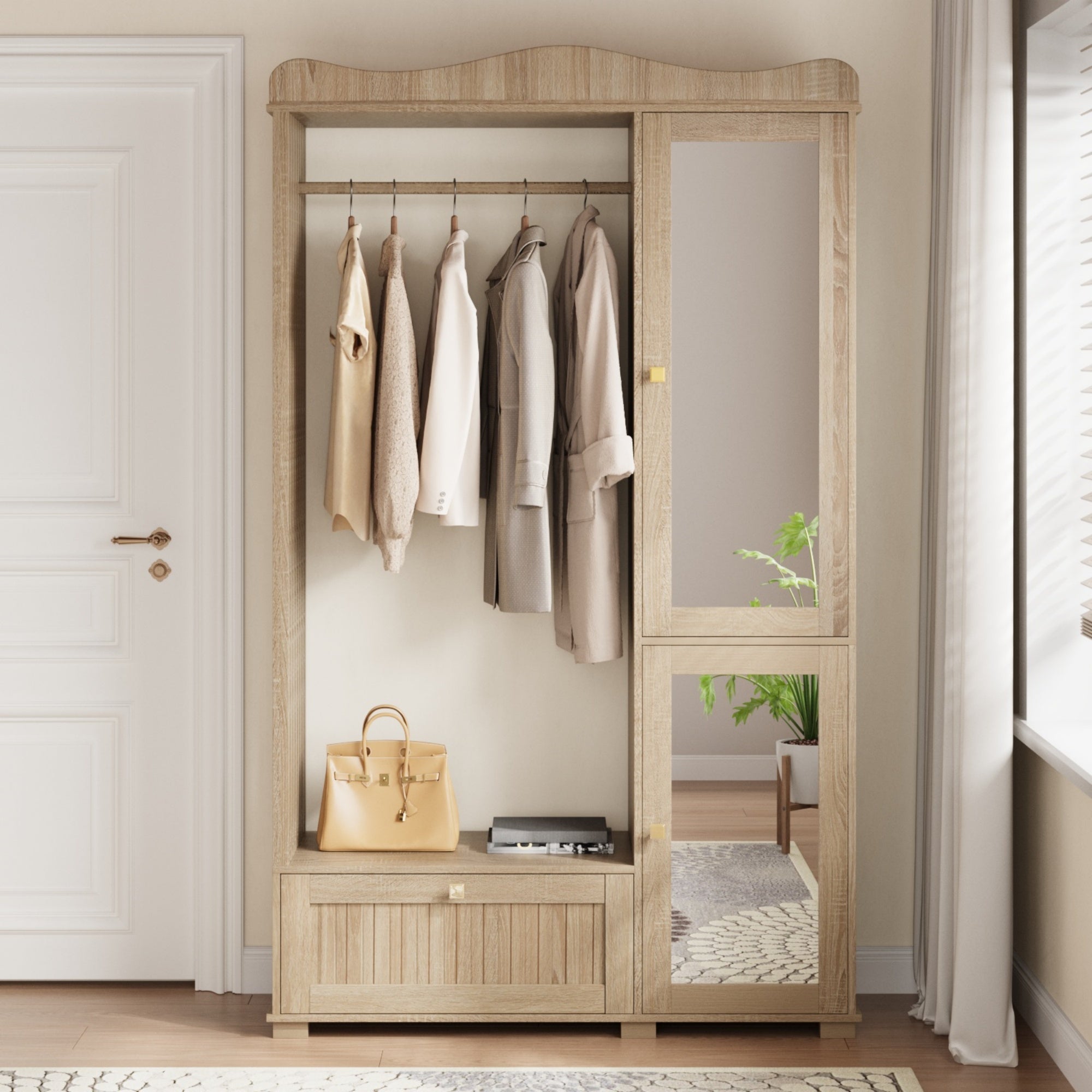 Wardrobe with Mirror and Open Clothes Rack, Drawer and 2 Doors, Wood Wood