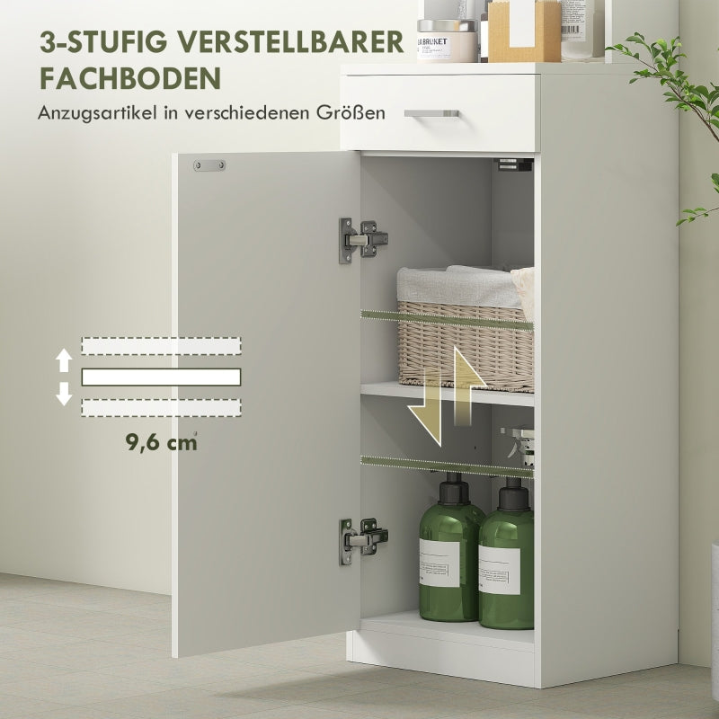 Hoher Badezimmerschrank, Schubladentür, verstellbare Einlegeböden, Weiß