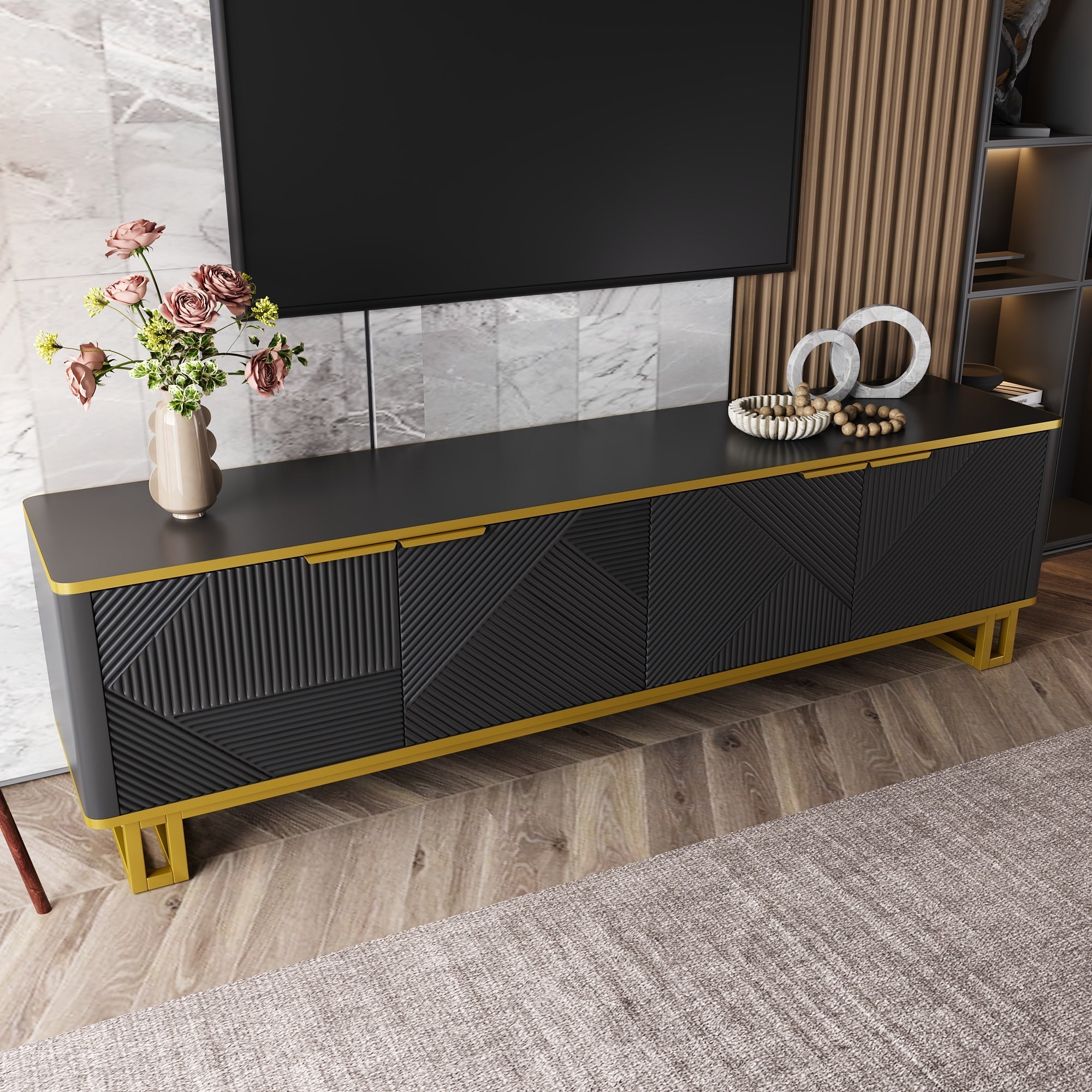 Low TV Stand 4 Doors Geometric Texture 160cm