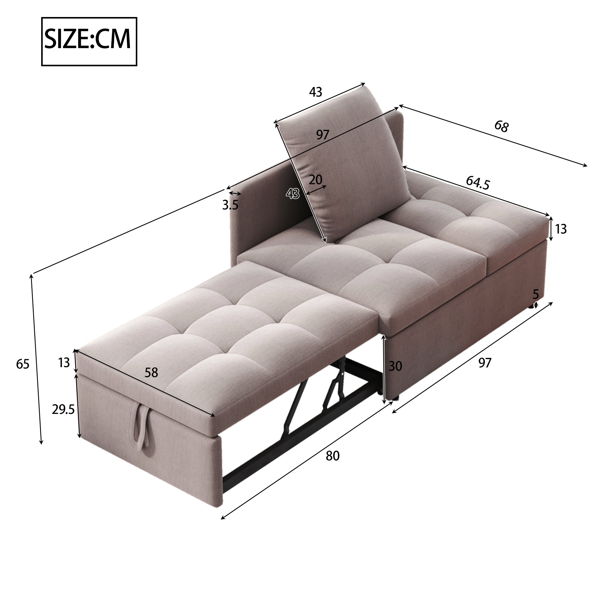3-in-1 Convertible Sofa Bed with Adjustable Backrest and Cushions, Grey