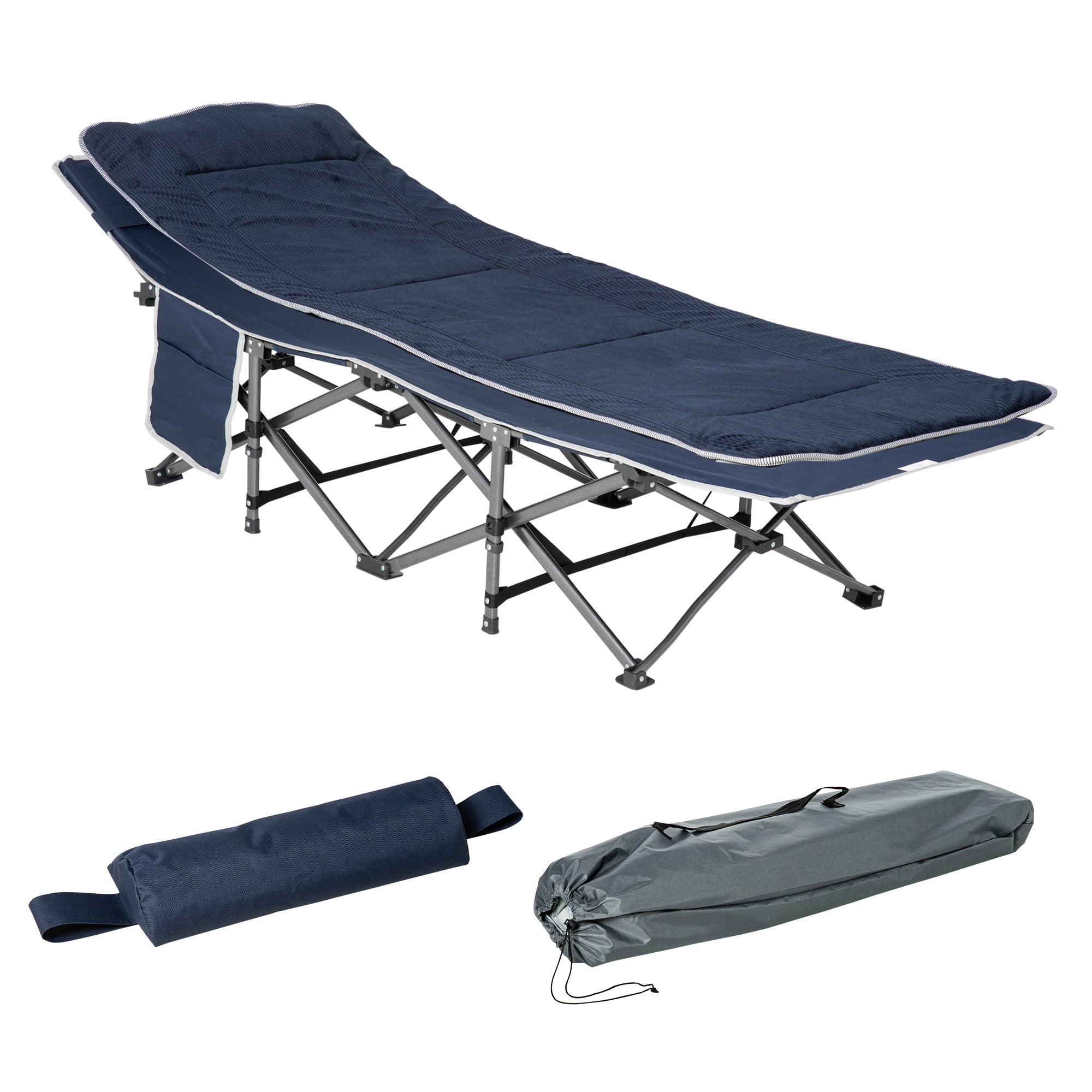 Camping Bed, Foldable with Pillow, Side Pocket, 150 kg Capacity, Oxford Dark Blue